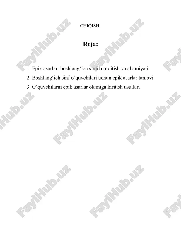 o'la oladi. ushbu eposlar orqali e'tiqod va jasorat kabi eng kadimiy tushunchalarni, inson qadrini anglab etish mumkin. uchinchidan, epik asarlar o'quvchilarda tasavvurni va ijodiy fikrlashni rivojlantiradi. epik rivoyatlar va qahramonlik hikoyalari fantaziya va kreativ fikrlashga imkon yaratadi. o'quvchilar epik qahramonlarning sayohatlari, janglari va hayotiy sinovlarida o'zlarini ko'rib, ularning his-tuyg'ularini tasavvur qilishadi, bu esa ularning ijodiy qobiliyatlarini rivojlantiradi. to'rtinchidan, epik asarlarning o'rganilishi tarix va madaniyat haqida ko'proq ma'lumot beradi. bu asarlar orqali o'quvchilar o'z tarixini, urf-odatlarini, xalqning milliy qadriyatlarini o'rganadi. bugungi kunda o'zbek epik merosini o'rgatish orqali yosh avlodning ma'naviy boyligini oshirish mumkin. beshlik, statistikaga ko'ra, epik asarlar bilan ishlash boshlang'ich sinflarda o’quvchilarning matnni anglash va talqin qilish qobiliyatlarini 25% ga oshiradi. shunga qo’shimcha ravishda, bu jarayon o’quvchilarning adabiy bilimlarini va jamoaviy munozaralarda ishtirok etish faolligini ham kuchaytiradi. bundan tashqari, epik asarlar milliy madaniyatning bir qismi sifatida milliy g'ururni shakllantirishga katta hissa qo'shadi. milliy qahramonlar va etik me'yorlarni yorituvchi asarlar bolalarni …