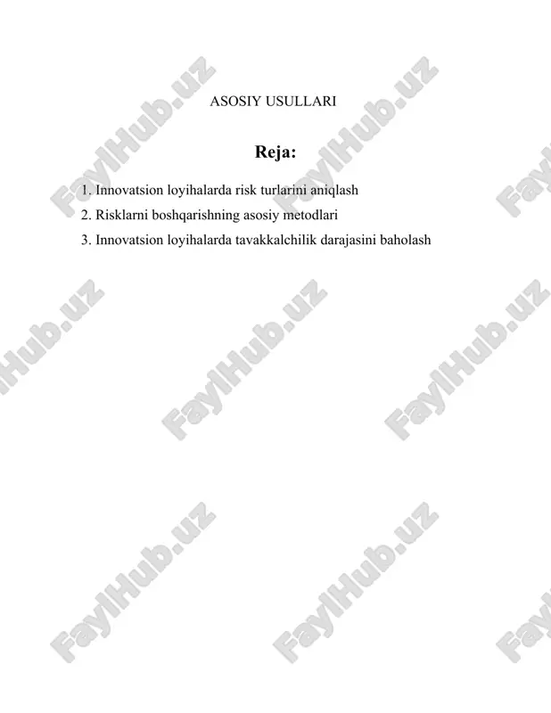 novatsion loyihalar katta kapital talab qilishi mumkin va qaytadi deb kutilayotgan mablag' daromadsiz qolishi ehtimoli mavjud. moliyaviy risklar kredit olish, qarzlarni qaytarish muammosi, pul oqimlarining noto'g'ri boshqarilishi kabi faktorlarni qamrab oladi. malakali investitsiya vakillariga ko'ra, har qanday startapning omon qolish ehtimoli taxminan 10-20 foizni tashkil etadi. 4. **operatsion risklar**: bu turdagi risklar tashkilot ichidagi jarayonlar, xodimlar va boshqaruv tizimi bilan bog‘liq. muvaffaqiyatsiz ichki operatsiyalar, xodimlarning malakasizligi, resurslarning noto'g'ri taqsimlanishi kabilar operatsion risklar sirasiga kiradi. statistika asosida, odatda, korxonalar o'z operatsion jarayonlaridagi noaniqliklardan 5-10 foiz zarar ko‘radilar. 5. **huquqiy va me'yoriy risklar**: innovatsion mahsulot yoki xizmatlar yonida turli yangi qonunlar, litsenziyalar olish, intellektual mulk huquqlari bilan bog'liq muammolar tug‘ilishi mumkin. huquqiy xarajatlar bilan bog'liq risklar global bozorning 12 foizini tashkil qiladi. 6. **tashkiliy risklar**: bu turdagi risklar loyiha jamoasining tuzilishi, jamoa a'zolarining samaradorligi, boshqaruv uslubi kabi faktorlar bilan bog‘liq. notog'ri jamoaviy strategiya ko'p marta loyihaning muvaffaqiyatsiz yakunlanishiga olib kelishi mumkin. kpmg …