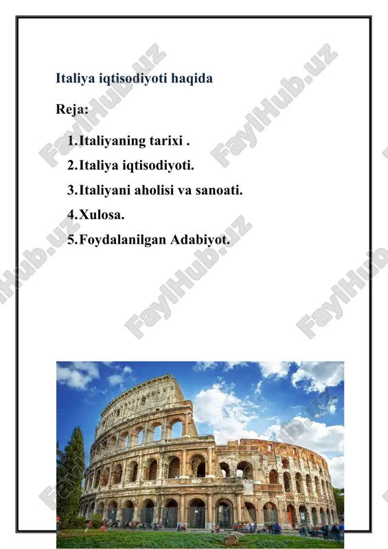 ki palatali parlament (deputatlar palatasi va senat). italiyaning davlat ramzlari. bayroq-1946 yilda qabul qilingan yashil-oq-qizil uch rangli. gimn - "inno di mameli" - inno di mameli (1847). din: italiyada asosiy din - katoliklik, taxminan 98%. iqtisodiyot: mamlakat shimolida sanoat, janubda qishloq xo'jaligi rivojlangan. pul: evro. evro muomalaga kiritilishidan oldin bu italiya lirasi edi. geografik joylashuvi italiya, rasmiy nomi - italiya respublikasi (italian repubblica italiana)) - evropaning janubida, o'rta er dengizi markazida joylashgan davlat. shimoli-g'arbda frantsiya bilan chegaradosh (chegara uzunligi 488 km), shimolda shveytsariya (740 km) va avstriya (430 km), shimoli-sharqda sloveniya (232 km). shuningdek, vatikan (3,2 km) va san -marino (39 km) bilan chegaradosh. apennin yarim oroli, padan tekisligi, alp tog'larining janubiy yon bag'irlari, sitsiliya orollari, sardiniya orollari va bir qator kichik orollarni egallaydi. iqtisodiyotning foydasi katta hukumat byudjeti (2009 yil holatiga ko'ra 960 milliard dollar, dunyoda 5 -o'rin), xitoy va buyuk britaniya byudjetlaridan oshib ketdi. raqobatbardosh va juda ijodiy …