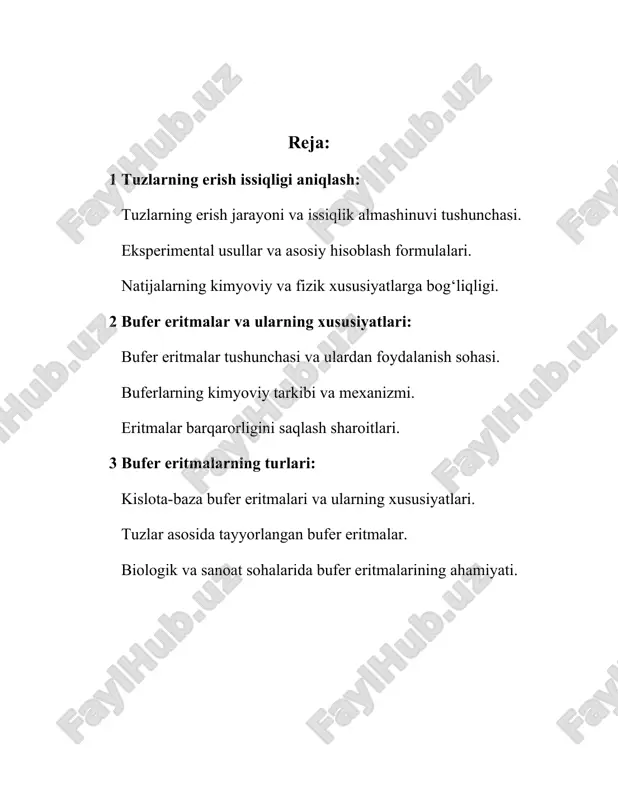 yo hisoblarida esa tuzning erish jarayonida hosil bo‘ladigan ionlar uchun entalpiya qiymatlari yordamida hisob-kitob qilinadi masalan nacl uchun erish tenglamasi nacl qattiq dan na plyus suvdagi va cl minus suvdagi holatiga o‘tishi ko‘rsatiladi biologiya sanoat va kimyo sohalarida amaliy ahamiyatga ega biologiyada bu biologik eritmalar va organizmda sodir bo‘ladigan jarayonlarni tushunishda qo‘llaniladi sanoatda esa issiqlik almashinuvi jarayonlarida va eritmalar tayyorlashda kimyoda esa kimyoviy reaksiya kinetikasi va termodinamikani o‘rganishda muhim hisoblanadi 1 rasm (tuzlarning erish issiqligi). tuzlarning erish jarayoni va issiqlik almashinuvi tushunchasi tuzlarning suvda yoki boshqa erituvchilarda erishi jarayonida issiqlikning ajralishi yoki yutilishini ifodalaydi bu jarayonda tuzning ionlari kristall panjarasidan ajralib chiqadi va erituvchida harakatlanadi bunda energiya almashinuvi yuz beradi ya’ni ba’zi hollarda issiqlik ajraladi va bu jarayon ekzotermik bo‘ladi ba’zan esa issiqlik yutilib endotermik bo‘ladi tuzlarning erish jarayoni ionlarning solvatatsiyasi va ularning erituvchi bilan o‘zaro ta’siri natijasida yuz beradi eksperimental usullar va asosiy hisoblash formulalarida kalorimetrik usul eng ko‘p …