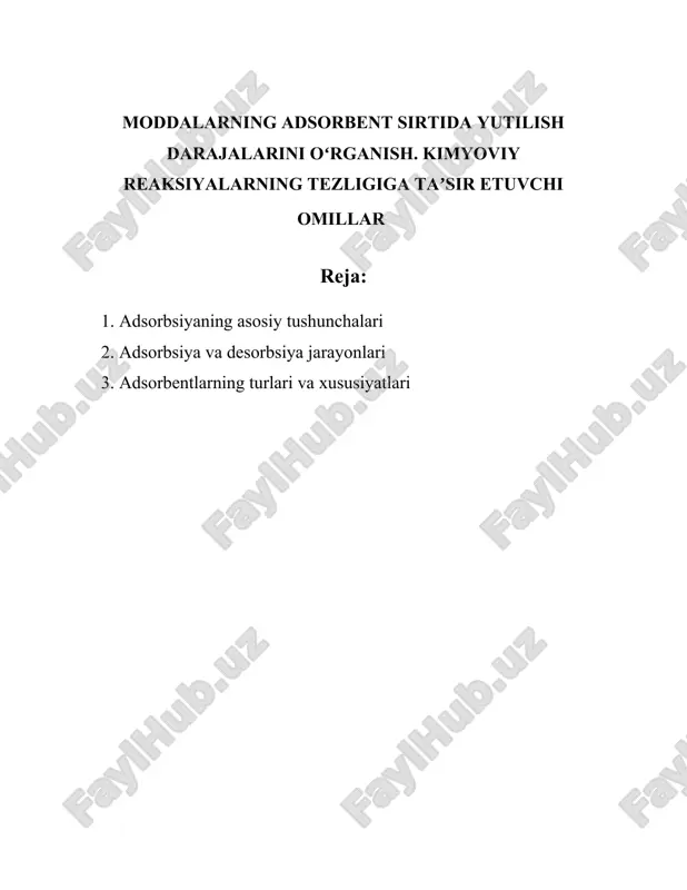 aksimal adsorbsiyaning miqdori, \( b \) — langmuir doimiy, \( c_e \) — muvozanatli konsentratsiya. freundlich izotermasi tenglamasi: \[ q_e = k_f c_e^{1/n} \] bu erda \( k_f \) va \( n \) — freundlich doimiylari, ular adsorbsiyaning intensivligini va adsorbentning qobiliyatini belgilaydi. adsorbentlar: adsorbsiya jarayonida ishlatiladigan adsorbentlar juda muhim ahamiyatga ega. ular orasida ko'mir, silika geli, aluminat jel, zeolitlar va boshqalar kiradi. adsorbentlarning yuzasi va ularning fizik-kimyoviy xususiyatlari adsorbsiyaning samaradorligini belgilaydi. ilovalari: adsorbsiyaning keng ko'lamli ilovalari mavjud. masalan, havo va suvni tozalashda, kimyoviy va neft sanoatida, tibbiyotda (qon tozalash, dori moddalari chiqarish va boshqalar) va boshqa ko'plab sohalarda qo'llaniladi. mexanizmlari: adsorbsiyaning mexanizmlari turli xil bo'lishi mumkin. birinchidan, molekulalar adsorbent yuzasiga qadar diffuziyalanadi. ikkinchidan, yuzadagi faollashgan joylarga birikish sodir bo'ladi. axir, adsorbatning bir qismi adsorbentning ichki qatlamlariga diffuziyalanishi mumkin, bu esa intratizim diffuziya deb ataladi. termodinamika: adsorbsiyaning termodinamik parametrlari adsorbent va adsorbat o'rtasidagi o'zaro ta'sir kuchlarini o'rganishga yordam beradi. enthalpiya …