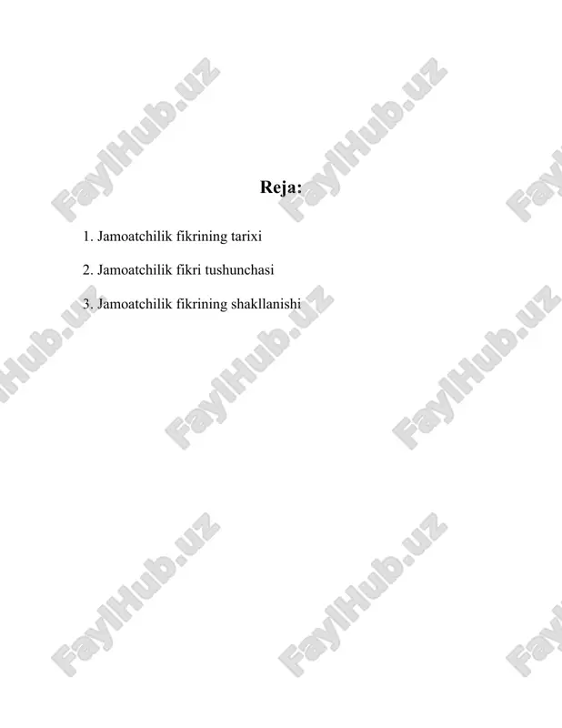 lobga olib keluvchi asosiy kuchlardan biri bo'lgan. 5. **ommaviy axborot vositalarining rivojlanishi (xix asr)**: matbuotning rivojlanishi jamoatchilik fikrining tarqalishida asosiy rol o'ynadi. matbaa texnologiyalarining takomillashuvi orqali gazeta va jurnallar orqali jamoatchilik fikrlari keng ommaga yetib bora boshladi. 6. **jamoatchilik fikrining tadqiqoti (xx asr boshi)**: 1930-yillarda, masalan, 1935-yilda amerika qo'shma shtatlarida birinchi ommaviy so'rovlar olib borila boshlandi. george gallup tomonidan o'tkazilgan ilk tadqiqotlar jamoatchilik fikrini ilmiy o'rganishning asosini yaratdi. 7. **ijtimoiy tarmoqlar va internetning roli (xxi asr)**: hozirgi kunda ijtimoiy tarmoqlar, masalan facebook (2004-yilda tashkil etilgan) va twitter (2006-yilda asos solingan), jamoatchilik fikrini tez va samarali tarqatishda muhim rol o'ynaydi. 2023-yilda dunyoda internet foydalanuvchilarining soni 5 milliarddan oshdi. 8. **jamoatchilik fikrini shakllantiruvchi omillar**: ommaviy axborot vositalari, reklama, ijtimoiy tarmoqlar, siyosiy yetakchilar va ta'lim tizimi hanuzgacha jamoatchilik fikriga ta'sir ko'rsatishda asosiy omillar bo'lib qolmoqda. 9. **jamoatchilik fikrining ijtimoiy o'zgarishlaridagi roli**: tarixan jamoatchilik fikri muhim ijtimoiy o'zgarishlarni amalga oshirishda, jumladan, fuqarolik huquqlari harakatlari, …