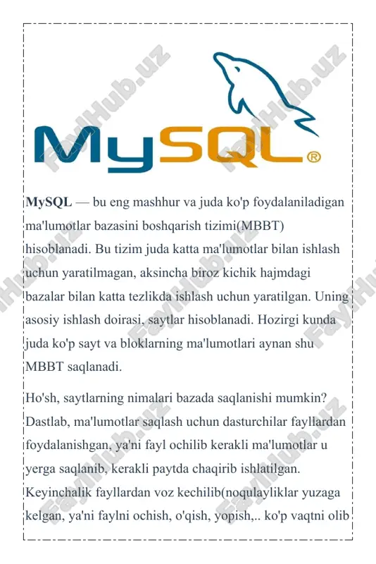 . bu degani baza jadvallar, jadvallar esa ustunlardan tashkil topgandir. mysql mbbti 2 xil turdagi litsenziyaga ega. birinchisi tekin, ya'ni mysqlni ko'chirib olish va ishlatish hech qanday harajat talab qilmaydi va gpl(gnu public licenseb, gnu) litsenziyasiga asoslanadi. ikkinchi turi, gpl shartiga ko'ra, agar siz mysql kodlarini biror dasturingizda ishlatsangiz, bu dasturingiz ham gpl(tekin) bo'lishi kerak. bu esa dasturchiga to'g'ri kelmaydi. shuning uchun, bu dasturingizni pullik qilishingiz uchun mysql pullik litsenziyasini sotib olishingiz kerak. mysql logotipi delfin hisoblanadi. bu delfinni ismi «sakila»dir. bu logotipni opensource tuzuvchilaridan biri ambrose twebaze ga tegishlidir. mysql juda ko'p operatsion tizimlar bilan ishlay oladi. bularni yozadigan bo'lsam: aix, bsdi, freebsd, hp-ux, linux, mac os x, netbsd, openbsd, os/2 warp, sgi irix, solaris, sunos, unixware, windows 95, windows 98, windows nt, windows 2000, windows xp, windows server 2000, windows vista, windows 7,… mysql shved korxonasi mysql ab ga tegishli bo'lgan, keyinchalik sun firmasi mysql ni o'ziniki qilib …