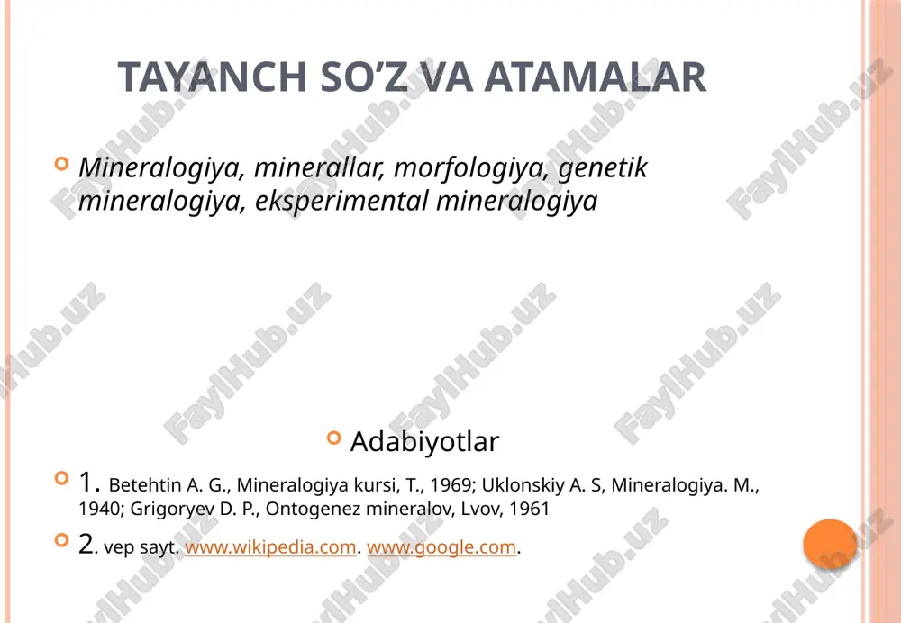 ya minerallar tipomorfizmi haqidagi taʼlimotni; ontogenetik va kristallomorfologik taxlilni; qattiq va gazsuyuklik kiritmalarni ta-dqiq qilish va boshqalarni oʻz ichiga oladi. genetik mineralogiya eksperimental mineralogiya eksperimental mineralogiya tabiatda minerallarning vujudga kelish sharoitlarini aniqlash maqsadida tabiiy jarayonlarni modellashtirish va fizikkimyoviy sistemalarni urganish bilan shugʻullanadi. minerallarni (olmos, pyezokvars kristallari, optik flyuorit, laʼl, granat va boshqalar) sintez qilish ham shu sohaga yaqin turadi kompleks foydalanish amaliy va texnik-iqtisodiy mineralogik mineral xom ashyodan kompleks foydalanishga qaratilgan va undan olinadigan foydali qismlarini koʻpaytirish uchun yangi mineral turlarini mineralogik tadqiq qilib, sanoatda foydalanish muammolari bilan shug-ullanadi; minerallarning texnologik xususiyatlari ularning tarkibi va strukturasiga bogʻliqligini, rudani boyitish jarayonida minerallarning uzgarishi, erishi va boshqa ni oʻrganadi, qidirishning maxsus mineralogik metodlarini ishlab chikadi. tarixi mineralogiya odamlarning amaliy ehti-yojidan kelib chiqqan holda juda qadimda vujudga kelgan. oʻsha davrlarda toshdan keng koʻlamda foydalanilgan. dastlabki maʼlumotlar qad. hind diniy kitoblari va dostonlari, miloddan avvalgi 4—2asrlarda yashagan yunon olimi teofrastning "toshlar haqida" va katta …