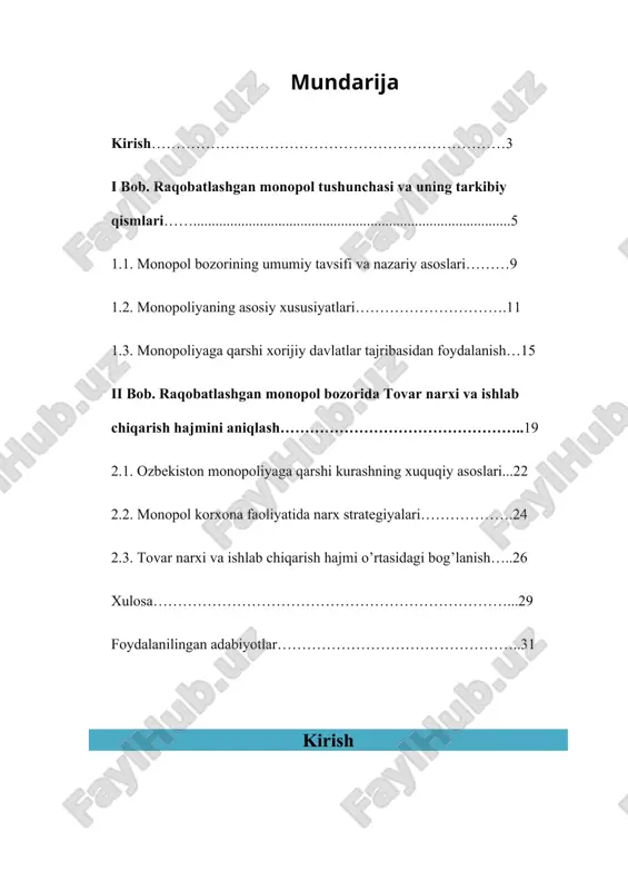 n monopol bozor — bu bozordagi firmalar o'rtasida raqobat mavjud bo'lib, har bir firma bozorda o'z mahsulotini taqdim etadi va narxlarni belgilashda ba'zi monopolistik xususiyatlarga ega. boshqacha aytganda, bozorga bir nechta firmalar kirish imkoniyatiga ega, ammo ular o'z mahsulotlarini o'xshash yoki farqli qilib ishlab chiqaradilar. raqobatlashgan monopol bozorida firmalar o'zlarining narxlarini va ishlab chiqarish hajmlarini o'zlarining manfaatlariga muvofiq ravishda belgilashadi, ammo bozordagi talab va taklif sharoitlari ham ularga ta'sir qiladi. mavzuning maqsadi: ushbu kurs ishining maqsadi, raqobatlashgan monopol bozorida firmalar qanday qilib narxni va ishlab chiqarish hajmini belgilashlarini -1- tushuntirishdir. buning uchun monopolistlar va raqobatlashuvchi firmalar o'rtasidagi farqlar, narx belgilash jarayoni va ishlab chiqarish hajmini aniqlashning nazariy asoslari o'rganiladi. iqtisodiy ahamiyati: raqobatlashgan monopol bozorlar iqtisodiyotda keng tarqalgan. ular bozorning samaradorligini oshirish, resurslarni taqsimlashda samarali yo'llarni yaratishda va iste'molchilar uchun raqobatbardosh narxlarni ta'minlashda muhim rol o'ynaydi. shu bilan birga, monopolistlarning bozordagi erkinligi ularning narxlarni oshirishga yoki ishlab chiqarishni kamaytirishga olib kelishi …