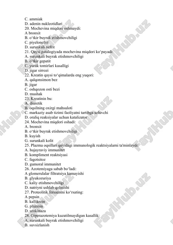 gan shakllari: a glyukoza-6-fosfat b glikogen c piruvvat d oligosaxaridlar 34. likvorda glyukoza miqdorining pasayishi qachon kuzatiladi: а. miya o‘smalarida в. meningitda c. miya shikastlanishida d. hech qachon o‘zgarmaydi 35. likvordagi glyukoza miqdori 50 mg%, bu si sistemasida esa: а. 3,3 mmol/l b. 5,0 mmol/l c. 7,4 mmol/l d. 20 mmol/l 36. glyukozaning asosiy miqdori qachon ishlatiladi? a. proteoliz b. lipoliz c. glikoliz d. fibrinoliz 37. tanadagi uglevodlar quyidagi qaysi funktsiyalarni bajarmaydi? a. energiya b. transport c. kislorod transporti d. glikozaminoglikanlar sintezi uchun substrat 38. uglevodlarni parchalanishida qatnashmaydi: a. alfa-amilaza b. gamma amilaza c. ximotripsin d. laktoza 39. disaxaridlarning parchalanishi qayerda sodir bo‘ladi: a. og‘iz bo‘shlig‘ida b. o‘n ikki barmoqli ichakda c. oshqozonda d vorsinka yuzasida 40. uglevodning so‘rilishi asosan quyidagilarda sodir bo‘ladi: a. og‘iz bo‘shlig‘ida b. ingichka ichakda c. oshqozonda d. yo‘g‘on ichakda 41. giperglikemiyada glyukoza ajralishi mumkin: a. teri b. b. buyrak c. o‘t bilan d barcha javoblar …