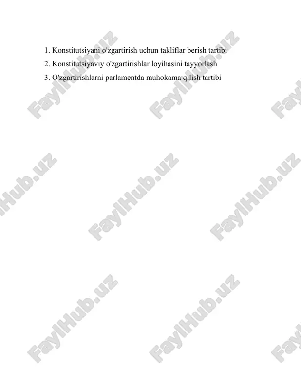 inadi va kerakli tuzatishlar kiritilib, yakuniy matn tayyorlanadi. 3. **takliflar kiritish me'yorlari**: konstitutsiyani o'zgartirish uchun takliflarni kiritishda muayyan me'yorlar belgilangan bo'ladi. masalan, takliflarni ko'pchilik kelishuviga binoan yoki parlamentning muayyan sonida qo'llab-quvvatlash darajasi bilan kiritish mumkin. 4. **parlament qabul qilishi**: takliflar kiritilgandan so'ng, ularni parlament muhokama qiladi. ko'pchilik hukumatlarda konstitutsiyani o'zgartirish uchun qonunchilik organining muayyan qismi (odatda uchdan ikki qismi yoki uchdan bir qismi) tomonidan qo'llab-quvvatlanishi talab qilinadi. 5. **referendum**: ba'zi mamlakatlarda konstitutsiyani o'zgartirish maqsadida umumxalq referendumini o'tkazish talab etiladi. bu jarayon xalqning bevosita ishtirokini ta’minlaydi va o'zgartirishlarning keng miqyosda qo'llab-quvvatlanayotganligini ko'rsatadi. 6. **o'zgartirishning huquqiy kuchga kirishi**: konstitutsiyani o'zgartirish takliflari qabul qilinib ma'qullanganidan so'ng, ular maxsus qonunchilik orqali rasman kuchga kiradi. bu, odatda, davlat boshqaruvi tomonidan e'lon qilinishi yoki rasmiy huquqiy axborot nashrlarida chop etilishi orqali amalga oshiriladi. 7. **o'rnatilgan muddatlar**: aksar hollarda konstitutsiyani o'zgartirish jarayoni maxsus muddatlarga bo'linadi. jarayonning har bir bosqichi, masalan, taklif tayyorlash, uni ko'rib chiqish, ovozga qo'yish …