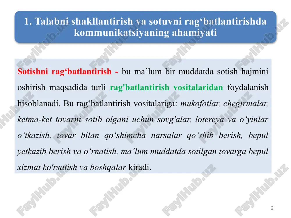 hi mo’ljallanayotgan mahsulotlar bo'yicha xaridorlar tasavvurini oshirish, yangi tovarlarning ijobiy xususiyatlarini ochib berishga yordam beradi. 1950-1960-yillarda doimiy talabni ta’minlash uchun tovar taklifi hajmiga konsentratsiya bosh masala hisoblangan; 1960-yildan keyin sotishni tashkil etishda korxonalar kommunikativ vositalaridan foydalana boshlaganlar. birinchi rejaga reklama va sotishni rag'batlantirish chiqqan; 1980-yillarda raqobatli kommunikatsiya bosqichi; 1990-yillardan boshlab raqobatli va integratsiyalangan kommunikatsiya bosqichlari rivojlana boshlagan. marketing kommunikatsiyasining asosiy maqsadi - savdo-sotiqni rag‘batlantirish, ilmiy jihatdan aytganda, tovarlar yoki xizmatlarni sotishni rag'batlantirish. 5 6 marketing kommunikatsiyasining boskqichlari 1950-1960 tizimsiz kommunikatsiya bosqichi 1990-2010 raqobatli va integratsiyalangan kommunikatsiya bosqichi 1960-1970 tovar kommunikatsiyasi bosqichi 1970-1980 maqsadli gurux kommunikatsiya bosqichi 1980-1990 raqobatli kommunikatsiya bosqichi nike, coca-cola, mersedes - bu buyuk brendlar o'nlab yillar davomida tomoshabinlar bilan aloqa o‘rnatib, ularga brend falsafasiga muhabbat va kuchli talabni keltirib chiqardi. kommunikatsiya quyidagicha tasniflanadi: • kontakt turi bo‘yicha shaxsiy va shaxsiy bo’lmagan; • jadalligi bo‘yicha jadal va takror; • qo’llash chastotasi bo‘yicha yagona va ko‘p marotabalik; • ta’sir …