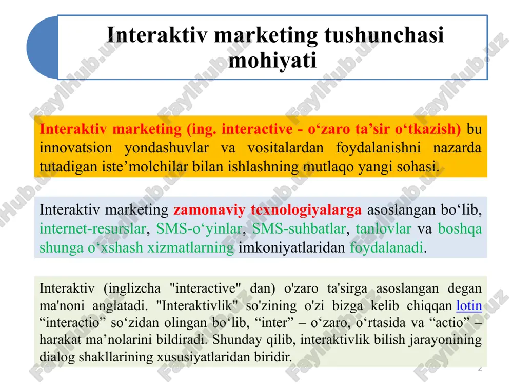 mulohazalarini qoldirishlari mumkin. interaktiv marketing ko‘pincha voqealarga asoslangan marketing yoki hattoki trigger-marketing deb ataladi, chunki bu mijozning e’tiboriga tushgan narsalarga javob berish va marketing samaradorligini oshirish bilan bog’liq. ingliz tilidan tarjima qilingan “trigger” so‘zi "ishga tushirish" degan ma’noni anglatadi. to‘g‘ri tarjima ushbu tushunchaning mohiyatini aks ettiradi. trigger - bu sotuvchilarning quroli. ushbu atama marketologlar tomonidan yaxshi ko‘riladi, chunki u ularga foyda keltiradi. marketingda haqiqatan ham yaxshi ishlaydigan triggerlar: “narxlar oy oxirigacha amal qiladi”, “aksiyalar tugamoqda”. 4 interaktiv marketingdagi eng katta innovatorlardan biri amazon.com. u saytga tashrif buyuruvchilarning xatti-harakatini to‘playdi va tahlil qiladi, keyin bu tahlildan mijozga mazmunli ma’lumotni ko‘rsatish uchun foydalanadi. amazon oldingi kitob qidirishlari yoki xaridlari asosida "o‘qishni tavsiya etgan" tanlov taklif qiladi. onlayn muhitning bunday turi shaxsiy xarid qilish tajribasini va sayt ichida uzoq vaqt qolishini (ba’zan "saytga yopishqoqlik" deb nomlanadi) va ko‘proq xaridlar amalga oshishini yaratadi. amazon nafaqat sizning qidiruvingizga o‘xshagan boshqa narsalarni ko‘rib chiqayotganini emas, balki …