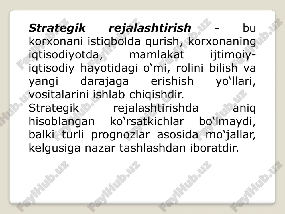 tiv strategiyalar asosan korxona resurslaridan bozor ehtiyojlarini qondirish maqsadida yaxshiroq foydalanish imkoniyatlarini belgilaydi. shu bilan bogiiq holda ular faoliyat hajmining kengayishi, bozor talabini qondirish, korxona ishchilarining tashabbusini va ijodini rag‘batlantirish, yangi faoliyat sohalarini yaratish kabi masalalarni hal qilishga qaratilgan. korporativ strategiyani amalga oshirish maqsadlari: • bo‘limlar o‘rtasida resurslami taqsimlashni optimallashtirish • turli bo‘limlarning harakatlarining muvofiqligini ta’minlash • kadrlar siyosati • umumiy strategiyalar, shu jumladan biron bir bolinmaga tegishli bo‘lmagan vakolatlardan foydalangan holda individual biznes bolinmalarining umumiy strategiyada integratsiyasini ta’minlash. • aksiyadorlar manfaatlarini maksimal darajada hisobga olishni ta’minlash • diversifikatsiya strategiyasini amalga oshirish (ko‘plab kompaniyalar o‘sish masalasini ko‘taradilar va vaqti-vaqti bilan diversifikatsiyaga o'tadilar; masalan, turizm va tibbiy xizmatlar bilan shug‘ullanadigan kompaniya va boshqalar) • natijalar ustidan nazoratni ta’minlash • inqirozni yengib o'tish korporativ strategiyalar portfelli strategiyalar o'sish strategiyalari raqobat strategiyalari. marketingning funksional strategiyalari korxona tomonidan maqsadli bozorlami tanlash va ular uchun mos strategiyalami ishlab chiqishga qaratilgan. ular ham uch guruhdan iborat, …