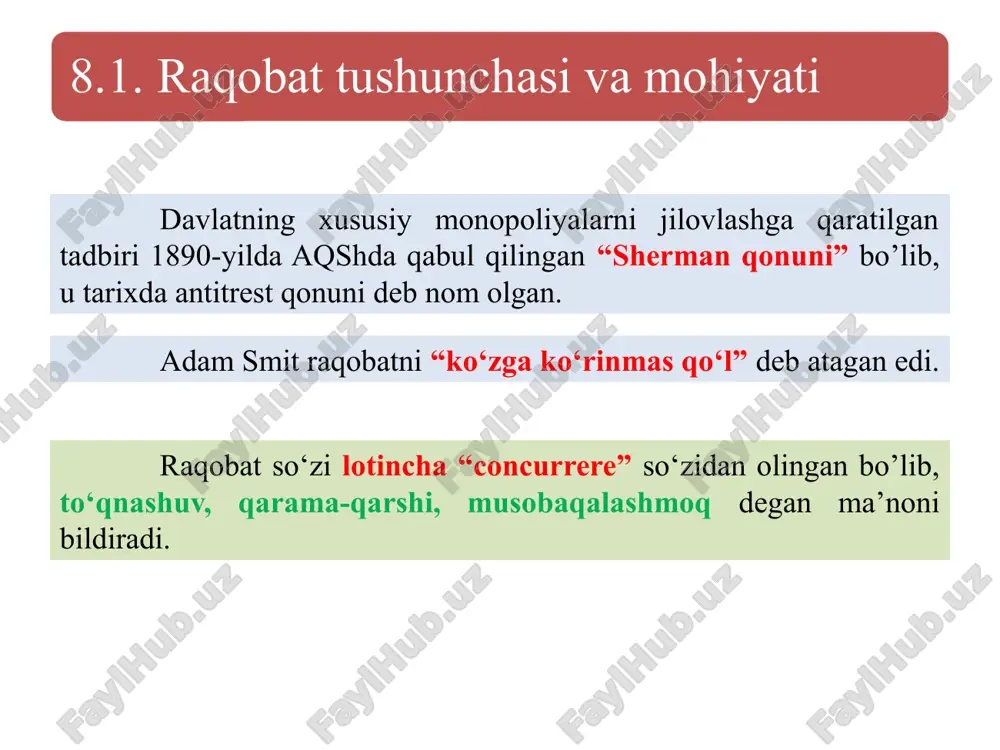 hakllari raqobat intensivlik darajasi bo‘yicha, ehtiyojlarni qondirish shakli bo‘yicha, xarajatlar yo‘nalishi bo‘yicha va ta’sir qilish usullari bo‘yicha klassifikatsiyalanadi. intensivlik darajasi bo‘yicha 1.jalb etuvchi raqobat raqobat subyekti mazkur segmentda oldingi segmentdagiga nisbatan ko‘proq foyda oladi; 2.chegaralangan raqobat mazkur raqobat tovar bozorida raqobatni ushlab turadi; 3.shafqatsiz raqobat raqobat nisbatan intensiv ,raqobatchilar bir-birini bozordan siqib chiqarishga ,ulushini tortib olishga harakat qiladi. ehtiyojlarni qondirish shakli bo‘yicha: 1.funksional raqobat bu raqobatning shunday turiki turli xil tovarlar o‘zaro bir-bir bilan raqobatlashadi. bu tovar ayni o‘sha ehtiyojni qondirishga yo‘naltirilgan bo‘ladi. 2.tur raqobat mazmuniga ko‘ra funksional raqobatga yaqin turadi.tur raqobat bitta maqsadga yo‘naltirilgan lekin bir-biri bilan uncha katta farqga ega bo‘lmagan o‘xshash tovarlar ishlab chiqarish ishlari o‘rtasidagi raqobatdir. 3. predmet raqobati bu raqobatda bir-xil tovar ishlab chiqaruvchilar o‘rtasidagi faqat sifati bilan farqlanuvchi raqobat turi hisoblanadi. bu farq umuman bo‘lmasligi mumkin yoki minimal bo‘lishi mumkin. raqobatning ushbu turi qoidaga ko‘ra raqobatning strategiyasini ishlab chiqarishga e’tiborini qaratadi. xarajatlar yo‘nalishi bo‘yicha …
