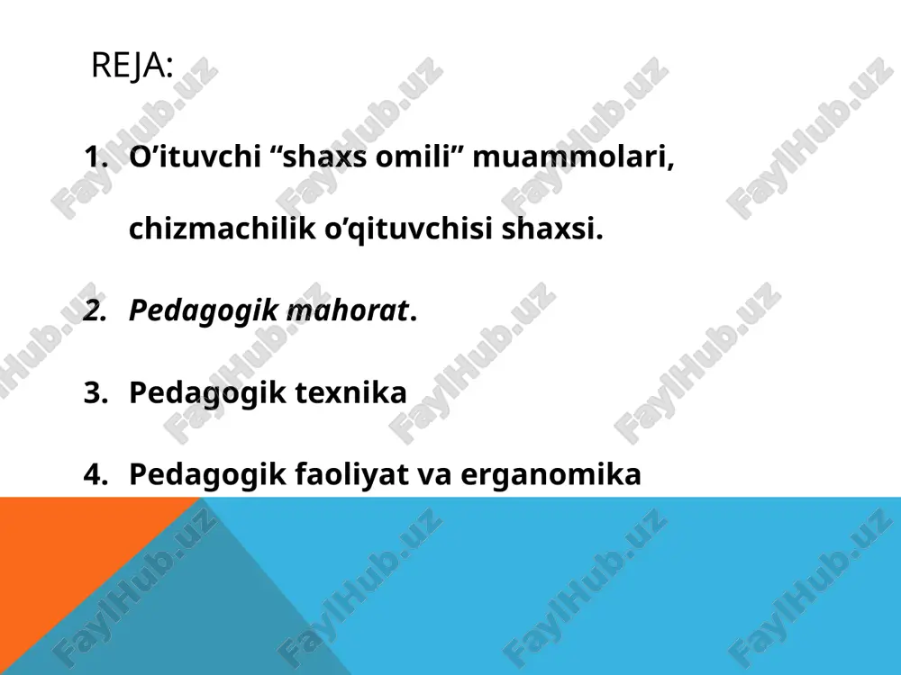 a, mehnatning har xilligi, mustaqillik, kasbiy rivojlanib (o ‘sib) borish, bajarayotgan ishi muhimligini anglash kabilar o’qituvchi faoliyatining haqiqiy sababiaridan hisoblanadi. 0‘qituvchi mehnatining eng muhim afzalliklaridan biri, uning hamkasblari, o ‘quvchilar va ota-onalar, ya’ni ijtimoiy aloqalarga boyligi hisoblanadi. pedagogika oliy o‘quv yurtlarida ta’lim olayotgan talabalaming aksariyati pedagog kasbiga qiziqishi yoki pedagogik faoliyatga moyilligi borligi aniqlangan. pedagogik mahorat - bolalarni sevuvchi va o‘z qiziqishi bo‘yicha ishlayotgan har bir o‘qituvchi egallashi mumkin bo‘igan yuqori va doimo takomillashib boruvchi ta ’lim va tarbiya san’atldir. 0‘z ishining ustasi bolgan pedagog bu - yuqori madaniyatli mutaxassis; fanni chuqur biladigan; fanning mos sohalaridan yaxshi xauardor; umuman, ayniqsa bolalar psixologiyasi muammolarini amaliy tahlil qila oladigan; o‘qitish va tarbiya metodikalarini mukammal egallagan shaxsdir. ta’lim jarayonidagi individual-psixologik farqlami o ‘rganishda usta pedagog bo'lishga intilishning sabablari bilan birgalikda u yoki bu o‘quvchiga mos aqliy faoliyat darajasini ham hisobga oladi. pedagogik odob - pedagog tomonidan faoliyatning turli sohalarida muomala prinsiplariga amal qilinishi, …