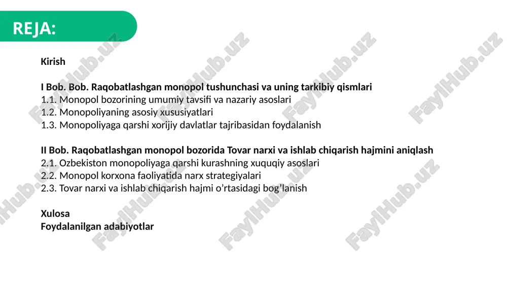 'plab iqtisodchilar tomonidan o'rganilgan strukturalardan biridir. bu bozor turida bir nechta firmalar mavjud bo'lsa-da, har bir firma o'zining mahsuloti bilan bozorga monopolistik ta'sir ko'rsatadi. bunday bozorlar iqtisodiy samaradorlikka qanday ta'sir qilishini tushunish muhimdir, chunki ular narxlarni va ishlab chiqarish hajmini belgilashda muhim rol o'ynaydi. 1.bob raqobatlashgan monopol tushunchasi va uning tarkibiy qismlari 1.1 monopol bozorining umumiy tavsifi va nazariy asoslari monopol bozor — bu bozor strukturasi bo‘lib, unda faqat bitta firma (monopolist) ma’lum bir tovar yoki xizmatni ishlab chiqaradi va sotadi. boshqa raqobatchilar mavjud emas yoki juda kam. monopolistik bozor, odatda, ishlab chiqarish va sotishning yuqori xarajatlari, yoki davlat tomonidan qo‘llab-quvvatlanadigan cheklovlar tufayli yuzaga keladi. narx va miqdor belgilash: monopolist bozor narxini belgilashda erkin bo‘lganligi sababli, u odatda narxni maksimal darajaga chiqaradi, bu esa foydani oshiradi. narx belgilashda monopolist foydaning maksimal darajasini olishni maqsad qiladi, lekin bu ko‘pincha jamiyat uchun samarali emas, chunki u bozorni "ajratib" qo‘yadi va iste’molchilarni zarar …