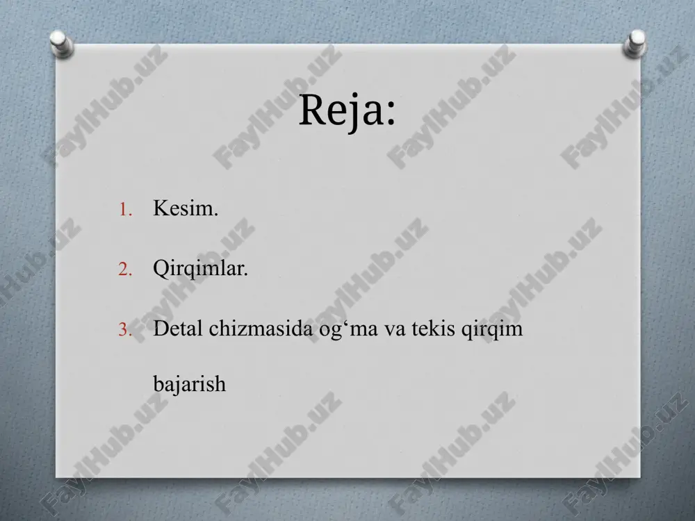 o'yiq, botiq (o'sma) yoki chiqiq, teshik kabilarning geometriyasini aniqlashda qo’llaniladi. bunday elementlarning o'qlari orqali detal o‘qiga peфendikulyar qilib kesuvchi tekislik o'tkaziladi. shunda detaining ko'ndalang kesimi hosil bomadi. boshqacha qilib aytganda, kesimda detaining faqat tekislik bilan joyning o‘zigagina ko‘rsatiladi. kesimlar chetga chiqarib ko‘rsatiiadi yoki bevosita ko‘rinishning o‘zida tasvirlanadi. chetga chiqarib tasvirlangan kesim konturi asosiy yo‘g‘on tutash chiziq (tasvirlanayotgan detal konturiga teng) bilan chiziladi. bevosita ko'rinishning o‘zida tasvirlangan kesim konturi ingichka tutash chiziq bilan chiziladi (2.3.2-chizm,a,b). tasvirlararo kesim konturi ham asosiy yo‘g‘on tutash chiziq bilan chiziladi (2.3.2-chizma,c). kesim turidan qat’iy nazar unda simmetrik shakl hosil bomsa, kesuvchi tekislik izi uzuq chiziq bilan tasvirlanmayidi (2.3.2-chizma, a,b,c). lekin chiqarilgan kesimda tekislik o‘rni, ya’ni shtrix punktir chiziq bilan almashtiriladi va kesim shu chiziqning davomida bajariladi (2.3.2-chizma,a). agar kesimda nosimmetrik shakl hosil bo’lsa, chiqarilgan kesimda kesuvchi tekislik izi uzuq chiziq bilan detaining qaysi joyidan o‘tganligini ko‘rsatadi va kesim ham bir xil yozuv bilan ta’minlanadi (2.3.3-chizma,a). qirqimlar …