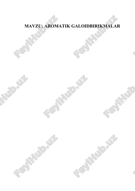 lsa difenil hosil bo‘ladi: c6h5i + 2cu c6h5-c6h5 + 2cui aromatik yadrodagi galoid atomining inertligi vinil galogeniddagiga (1,44 d ) o‘xshab, molekula dipol momentining kichikligidadir (1,58 d). benzol qatori nitrobirikmalari. aromatik uglevodorodlarni nitrolash uchun nitrat va sulfat kislotalarning 1:2 nisbatdagi aralashmasidan foydalaniladi (nitrolovchi aralashma): hno3 + 2h2so4 no2+ + h3o+ + 2hso4- hosil bo‘lgan nitroniy kationi aromatik birikmaga hujum qiladi: agar toluolga yuqori haroratda (100-1500s) suyultirilgan nitrat kislota ta’sir qilinsa, yon zanjirga nitrolash ketadi: c6h5-ch3 + hno3 c6h5-ch2no2 + h2o. agar benzolning yon zanjirida uzun radikal bo‘lsa, uning -holati nitrolanadi: adabiyot: 1. o.ya.neyland organicheskaya ximiya. m.: «viysshaya shkola». 1990. s. 89-109, 368-370. 2. a.n.nesmeyanov, n.a.nesmeyanov nachala organicheskoy ximii. kniga 1. m.: 1978. s. 66-71. 3. dj.roberts, m.kaserio osnoviy organicheskoy ximii. chast 1. m.: «mir», 1978. s. 91-116. 4. a.terney sovremennaya organicheskaya ximiya. t. 1. m.: «mir», 1991. s. 100-112. 5. dj. march organicheskaya ximiya m.: «mir». 1987. t.3. s.57-131. 6. …
