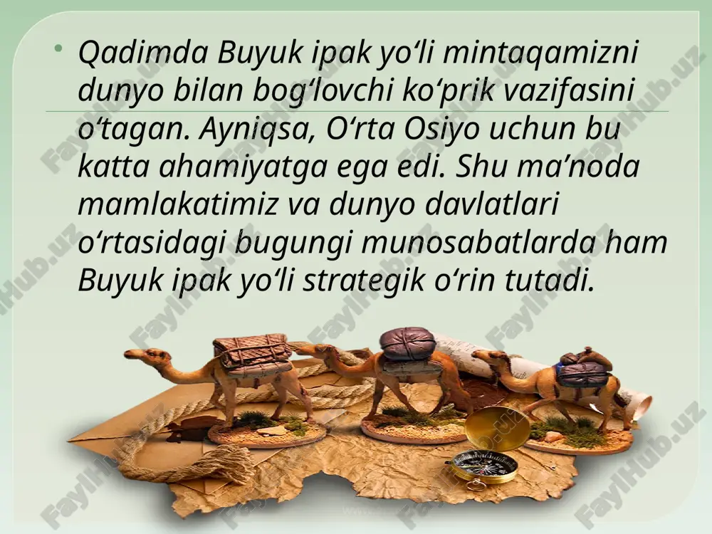 avdo-iqtisodiy va diplomatik aloqalar o‘rnatildi. www.arxiv.uz birinchi navbatda buyuk ipak yo‘lining bekatlari ta’mirlangan va ba’zi yerlarda yangilari bunyod etilgan. yo‘llar­da karvonlarning dam olishini ta’minlovchi karvonsaroy­lar qurilgan. bu karvonlarni mahalliy hokimliklar tomonidan qo‘yilgan harbiy qo‘­riqchilar himoya qilib, bir manzildan ikkinchi manzilga yetkazib qo‘ygan. www.arxiv.uz buyuk ipak yo‘lida o‘z diplomatik missiyasini bajargan rui gonsales de klavixo o‘ziga va misr elchilariga ko‘rsatilgan e’tibor haqida alohida eslatib o‘tgan. masalan, misr elchilarini 20 nafarga yaqin harbiy suvoriy samarqandga qo‘riqlab borganini yozadi. www.arxiv.uz mahalliy hokimiyat ushbu karvonlarning harakatlanishiga javobgar bo‘lgan. natijada karvonlarning bir manzildan ikkinchi joyga be­xatar yetib borishi ta’minlangan. sohibqiron karvon yo‘llarida kimda-kim zarar ko‘rsa, bunday huquqbuzarliklarga javobgarlikni shu hu­dudlarning hokim va boshqa ma’murlariga yuklagan. zararni amaldorlar hissasidan undirish qoidasining jo­riy etilishi xalqaro savdo yo‘lidagi huquqiy kafolatlardan biri bo‘lib qolgan. buyuk ipak yo‘li bo‘yida joylashgan shaharlar, avvalo samarqand amir temur dav­rida yuqori darajada ravnaq top­gan. samarqandga dunyoning barcha taraflaridan sav­dogarlar kelib turgan. bu yer­da do‘konu, …