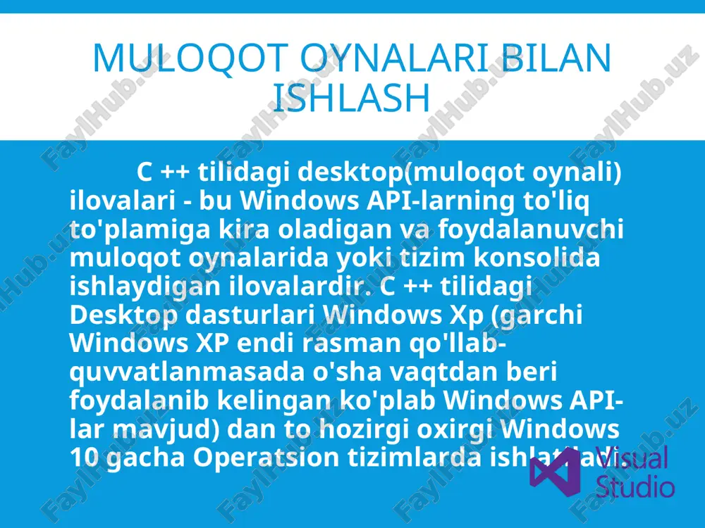 mpty project) elementini tanlashimiz kerak. “name” qismiga yaratiladigan loyiha nomi yoziladi (loyihaning nomi lotin harflaridan tashkil topgan bitta so‘zdan iborat bo‘lishi shart. masalan: faktorial). “location” qismida loyihani saqlanish joyi “browser” tugmasi yordamida ko‘rsatiladi. ”solution” qismida yangi ilova yaratish yoki yaratilgan loyihaga ilova qo‘shish ko‘rsatiladi. “solution name” qismiga yaratiladigan ilovaning nomi kiritiladi. “ok” tugmasi bosiladi va bizning faktorial nomli loyihamiz ochiladi: c ++ tilida visual studio muhiti orqali windows forms loyihasini yaratish c ++ tilida visual studio muhiti orqali windows forms loyihasini yaratish endi biz yaratilgan c ++ loyihasiga windows forms shakli(formasi)ni qo'shamiz . buning uchun "solution explorer" dagi loyiha nomini ustiga sichqonchaning o'ng tugmasini olib borib bosamiz va “add(qo'shish)" ->“new item...(yangi element )" -ni tanlaymiz yoki shunchaki ctrl + shift + a tugmachalarini bosish orqali quyidagi muloqot oynasiga o’tamiz. c ++ tilida visual studio muhiti orqali windows forms loyihasini yaratish c ++ tilida visual studio muhiti orqali windows forms loyihasini …