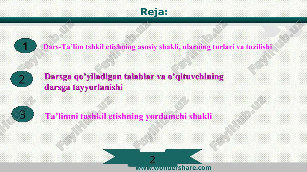 lish darsi. laboratoriya darslari. amaliy darslar. www.wondershare.com aralash darsning tuzilishi: i tashkiliy qism: salomlashish davomatni olish navbatchi axboroti siyosiy daqiqa ii asosiy qism: a) o’tilgan mavzuni takrorlash (uy vazifasini tekshirish); b) yangi mavzuni bayon qilish; c) o’rganilgan materialni mustahkamlash; d) o’quvchilarni baholash; e)uy vazifasini berish. iii yakuniy qism: a) rag’batlantirish; b) baholash; c) vazifa berish. www.wondershare.com yangi bilimlarni bayon qilish darsining tuzilishi: i tashkiliy qism salomlashish davomatni olish navbatchi axboroti siyosiy daqiqa ii asosiy qism: a) yangi mavzuni bayon qilish b) o’rganilgan materialni mustahkamlash; iii yakuniy qism: a) rag’batlantirish; b) baholash; c) vazifa berish. www.wondershare.com nazorat darslari umumlashtiruvchi darslar o’quvchilarning bilim, ko’nikma va malakalarini nazorat qilish darsining tuzilishi: i tashkiliy qism salomlashish davomatni olish ii asosiy qism: a) o’rganilganlarni umumiy tarzda takrorlash (yodga tushirish); b) nazorat ishini o’tkazish iii yakuniy qism: a) rag’batlantirish, daftarlarni yig’ib olish. www.wondershare.com laboratoriya darslarining tuzilishi: i tashkiliy qism salomlashish davomatni olish navbatchi axboroti siyosiy daqiqa …