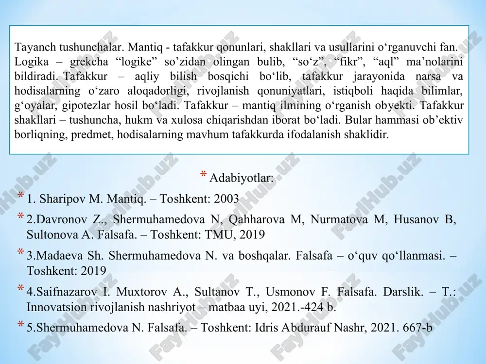 ning diqqat markazida muhokamani to’g’ri qurish bilan bog’liq qoidalar va mantiqiy amallar yotadi. formal mantiqga to’g’ri tafakkur shakllari qonunlarini o’rganuvchi falsafiy fan deb ta’rif berish mumkin. unda asosiy e’tibor mazmunga emas, shaklga qaratiladi. dialektik mantiq, formal mantiqdan o‘laroq tafakkurni uning mazmuni va shakli birgaligida hamda taraqqiyotida olib o‘rganadi. dialektik mantiq — inson tafakkurining rivojlanishi qonuniyatlari toʻgʻrisidagi taʼlimot, mantiq fanining alohida sohasi. dialektik mantiq ilmiga oid bilimlar antik davr faylasuflari: geraklit, platon, aristotel taʼlimotlarida mavjud edi. biroq ijtimoiy tafakkurdagi baʼzi cheklanishlar tufayli formal mantiq fikrlash va bilim jarayonida hukmron mavqeni egallab keldi. faqat xvii asrlardan boshlab, tabiatshunoslikda roʻy bergan keskin yuksalish natijasida formal mantiq bilish ehtiyojlarini qondira olmay qoldi. natijada, bilish jarayonida yangicha tafakkur metodlari va tamoyillari (f.bekon, dekart, leybnits va boshqalar) asoslab berila boshlandi. matematik mantiq esa tafakkurni matematik metodlar yordamida tadqiq etadi. u hozirgi zamon matematikasining muhim yo’nalishlaridan biri bo’lib, tafakkurni mantiqiy hisoblash deb ataladigan yuqori darajada formallashgan sistemada …