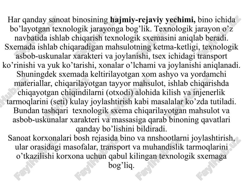 di: alohida (razdelnie) va yoppa (sploshnie) birinchi tipga quvvati kam bo’lgan korxonalar kiradi, hamda ularga shplab chiqarish kichik oraliqli alohida turgan binolarga joylashgan bo’ladi. ishlab chiqarish alohida joylashgan korxonalar katta qurilnsh maydonini egallaydi, muhandislik va transport tarmoqlar uzunligi va maydonning obodonlashtirish hajmi ko’payadi, ishlab chiqarishni potok shaklida tashkil etish va tsexlararo transportdan foydalanish yo’qoladi. hozirgi zamon amaliyoti ko’rsatyaptiki, bir turdagi ayrim vaqtlarida har hil texnologik jarayonli ishlab chiqarishqi bir bino tarkibida bloklashtirish yaxshi natija bermoqda. bir tom ostida hamma asosiy, yordamchi, qo’shimcha bino va omborlar joylashadi. 2.2 sanoat binolari qavatini tanlash bir qavatli sanoat binolarining yutuqlariga texiologik jihozlarni o’rnatish osonligi, yuklarni olib kelish va tashishda gorizontal transportdan foydalanish, oddiy hajmiy — rejaviy va tuzilmaviy yechimi bo’lishi, ishlash joylarini tabiiy yorug’lik (yorug’lik fonarlari) bilan ta’minlash, ochiq o’rinlar va fonarlar orqali tabiiy shamollatishni tashkil etish, ishlab chiqarish honalarini bir-biri bilan qulay aloqasi kiradi. kamchiligi qurilishi maydonining qattaligi, muhandislik va transport tarmoqlarining uzunligi, …