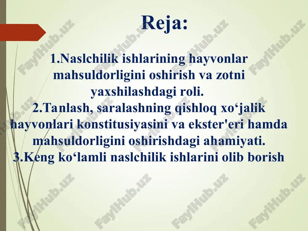 ongsiz tanlash. ongli-uslubiy tanlash. mollarni tanlab olishdagi belgilar bir xil qiymatda ega emas. ular ikki guruhga ajratiladi. birinchi sifat belgilari – teri va jun qoplamining rangi, molning tusi, oyoqlari shakli, shoxsizligi va boshqalar. ikkinchisi son belgilari – sog‘im miqdori, sut tarkibidagi yog‘ va oqsil miqdori, tirik vazni va boshqalar. qoramol zotlarini takomillashtirishda seleksiya ishlari asosan son belgilari bo‘yicha olib boriladi. mollarni tanlashda belgilarni kam bo‘lishi maqsadga muvofiqdir. bir belgi bo‘yicha qisqa muddatda ijobiy natijaga erishish mumkin. tanlash va saralash ishlarini to‘g‘ri tashkil etish chorva hayvonlarining mahsuldorligini oshirishda juda katta ahamiyatga egadir. tanlashning ikki xil usuli bor, ya'ni yalpi tanlash hamda alohida (indvidual) tanlash. yalpi tanlashda - hayvonlar shaxsiy xususiyatlariga, fenotipiga (rivojlanishi, ekster'eri konstitusiyasi, mahsuldorligiga) qarab tanlanadi. shuningdek, yalpi tanlashda hayvonlarning mahsuldorligidan tashqari konstitusiyasi va ekster'eriga ham ko‘proq e'tibor berish kerak. alohida (indvidual) tanlashda - fenotip bo‘yicha tanlashdan tashqari, hayvonlarning genotipik xususiyatlar ya'ni o‘zidagi hamma qimmatli sifatlarini avloddan avlodga bera olish …