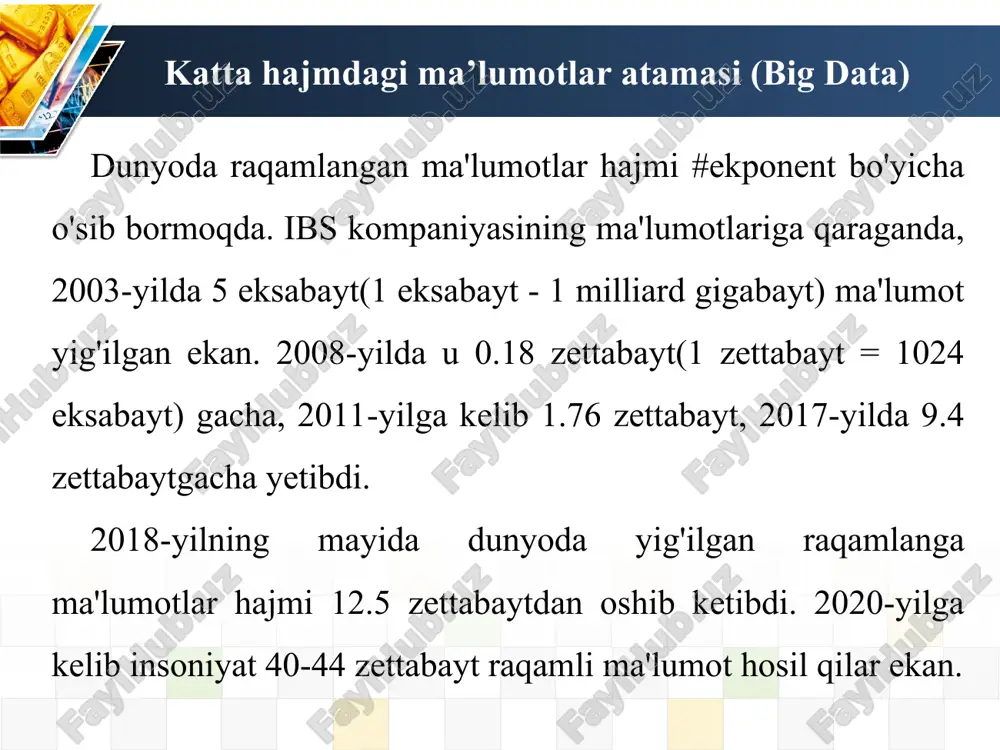 g(ma'lumotlarni topish) - biron qonuniyatni topish maqsadida ma'lumotlarni intellektual analiz qilishga aytiladi. machine learning(mashinani o'qitish) - o'zi o'rganadigan dasturlar yaratish amaliyoti va nazariyasi, sun'iy intellektning katta qismi. deep learning(chuqur o'qitish) - yanada murakkab va yanada mustaqil bo'lgan o'zi o'qidigan dasturlar yaratadigan mashinani o'qitish turi. big data(katta ma'lumotlar)ning 8 eng asosiy atamalari sun'iy neyron tarmog'i - oddiy protsessorlar(sun'iy neyronlar) birlashtirilgan tizimi bo'lib, insonning nerv tizimini imitatsiya qiladi. bunday struktura evaziga, neyron tarmoqlari dasturlanmaydi, ular o'qitishadi. business intelligence(biznes-analitika) - aniq strukturaga ega bo'lmagan juda katta hajmdagi ma'lumotlarni qayta ishlash natijasida muqobil biznes yechimlar izlashga aytiladi. ma’lumotlar bazasini sinflarga ajratish ob’ektlarni sinflarga ajratish deyilganda, barcha ob’ektlar to‘plamini birorta norasmiy belgi bo‘yicha qism to‘plamlarga ajratish tushuniladi. mbni ko‘pligini hisobga olib uni sinflarga ajratish belgilari xilma – xil. hozirgi kunda mbni quyidagi sinflari ko‘p qo`llaniladi: mb ma’lumotlarni tasvirlash shakliga qarab: video, audio, multimedia guruhlariga ajratish mumkin. video mb ma’lumotlarini ko‘rinishiga qarab o‘z navbatida matnli va …