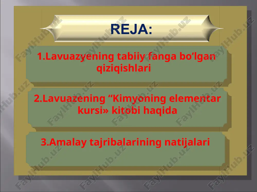 yilda “kimyoning elementar kursi” kitobi nashr qilindi. unda: 1. oddiy moddalar jadvalini tuzdi (yorug‘lik, issiqlik, kislorod). 2. oddiy metallmas elementlar topildi (s, p, h, ci, f, b-radikallari). 3. oddiy metall moddalar topildi (sb, as, bi, co, cu, au, fe, pb, mn, hg, mo, ni, pt, ag, sn, w, zn); 4. tabiatda uchraydigan ko‘pchilik tuzlarning nomi aniqlanadi. . bu topilmalar jadvali lavuazening “kimyoning elementar kursi» kitobida berilgan bo‘lib, unda dastlabki 33 elementning klassifikatsiyasini tuzdi. lavuaze tarafdorlari va shved kimyogari v.bregman, germaniyalik kimyogar olim martin genrix klaprot (1743-1817) flogiston nazariyasini juda qo‘llab quvvatlab, elementlarni kashf qilishni boshladilar. 1749 yilda klaprot uran va sirkoniy elementlarini ochdi. a.lavuaze 1781 yilda karbonat angidrid gazini 10 xil usul bilan hosil qildi va gaz tarkibidagi uglerod bilan kislorod massalari orasidagi nisbat 3:8 ekanligini aniqladi. shundan keyin: har qanday kimyoviy toza birikmani tashkil etuvchi elementlarning massalari o‘zgarmas nisbatda bo‘ladi, degan xulosa chiqarildi. bu xulosa tarkibning doimiylik qonunidir. 20 …