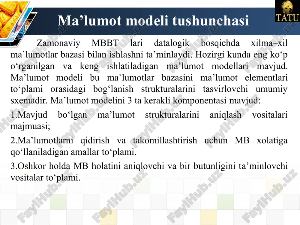 ektlardan to`plangan yirik ob’ekt deb qarash mumkin. ushbu chizmada boglanishlarni tarmoqli modelda tasvirlanishi keltirilgan. mbbt modellari tarmoqli mb turida ma’lumotlar bilan quyidagi ishlarni bajarish mumkin. mb yozuvlarini qidirish yangi yozuvni yaratish joriy yozuvni olib tashlash joriy yozuvni tiklash yozuvni bog`lanishga qo`shish yozuvni boglanishdan olib tashlash bog`lanishlarni o`zgartirish relyatsion model relyatsion modelda ma`lumotlar jadval ko`rinishida taqdim etiladi jadval qatorlari – ma`lumotlar, ustunlari esa alohida maydonlar hisoblanadi. xizmatchi nomeri f.i.sh unvoni tugilgan yili mutaxassis kodi mansab maosh xn fish un ty mk mb msh 2518 valiev s.p. t.f.n. 1985 pm dots 260000 2567 soliev i.t. t.f.d. 1987 evm prof. 360000 3245 aliev s.i. t.f.n. 1988 pm ilm.xodim 280000 3267 boriev a.o. akad. 1982 asu prorek. 400000 relyatsion ma`lumotlar bazasi relyasion mb – o‘zaro bog‘langan jadvallardan iborat. har bir jadval bir turdagi ob’ektlar to`g‘risida ma’lumotlarni o‘z ichiga oladi. barcha shunday jadvallar to‘plami mb tashkil etadi. mb tashkil etuvchi jadvallar tashqi xotira kataloglarida fayl …