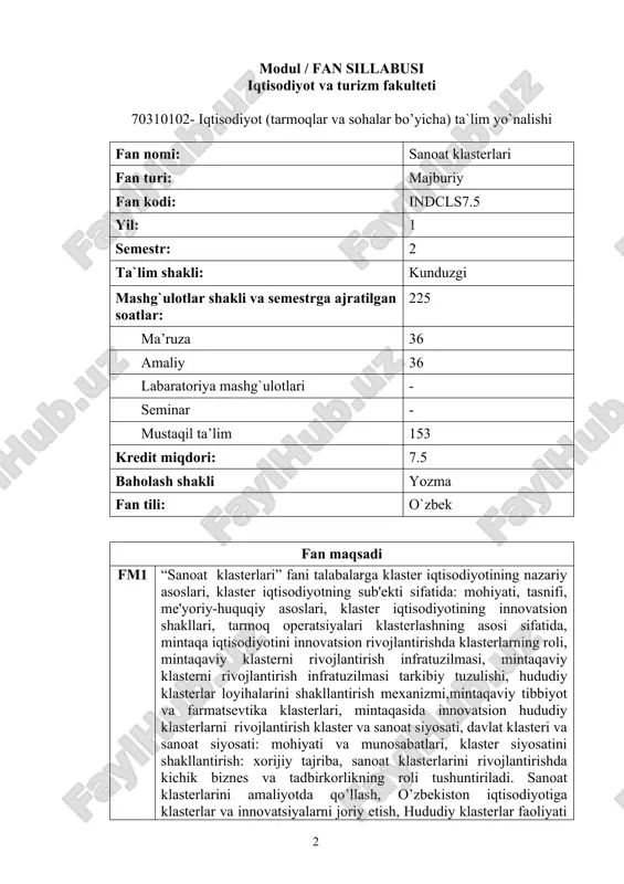 ilmiy-texnikaviy ishlanmalarni tijoratlashtirish tendentsiyalarini o’rganadi. fanni o`zlashtirish uchun zarur boshlang`ich bilimlar 1. iqtisodiyot nazariyasi 2. mikroiqtisodiyot 3. mikroiqtisodiyot 4. kichik biznes va tadbirkorlik 5. sanoat iqtisodiyoti ta`lim natijalari (tn) tn1 mintaqaviy klasterni rivojlantirish infratuzilmasi, mintaqaviy klasterni rivojlantirish infratuzilmasi tarkibiy tuzulishi, hududiy klasterlar loyihalarini shakllantirish mexanizmi,mintaqaviy tibbiyot va farmatsevtika klasterlari, mintaqasida innovatsion hududiy klasterlari nazariyalari haqida tasavvur va bilimga ega bo‘lishi; ko`nikmalar jihatidan tn2 talaba klasterlarni shakllantirish va rivojlantirish vositalar, sanoat klasterlarini shakllantirishning hozirgi holati, mintaqada klaster siyosatini amalga oshirish vositalari: xorijiy va mahalliy amaliyot, monitoring uchun axborotni qo'llab-quvvatlash, sanoat klaster korxonalarining omborlarni, taqsimlash tarmog'ining xususiyatlarini asoslash, sanoat klasterlarini rivojlantirishning ilg’or mamlakatlar tajribasi, rossiya federatsiyasida sanoat klasterlari, xitoy xalq respublikasida sanoat klasterlari, germaniyada sanoat klasterlari, xududlarda sanoat klasterini shakllantirish bo‘yicha mustaqil ravishda qo‘llash ko‘nikmalariga ega bo‘lishi; tn3 klaster iqtisodiyotining nazariy asoslari, klaster iqtisodiyotning sub'ekti sifatida: mohiyati, tasnifi,me'yoriy-huquqiy asoslari,klaster iqtisodiyotining nazariy asoslari va ularning unnovatsion shakllari, tarmoq operatsiyalari klasterlashning asosi sifatida, mintaqa …