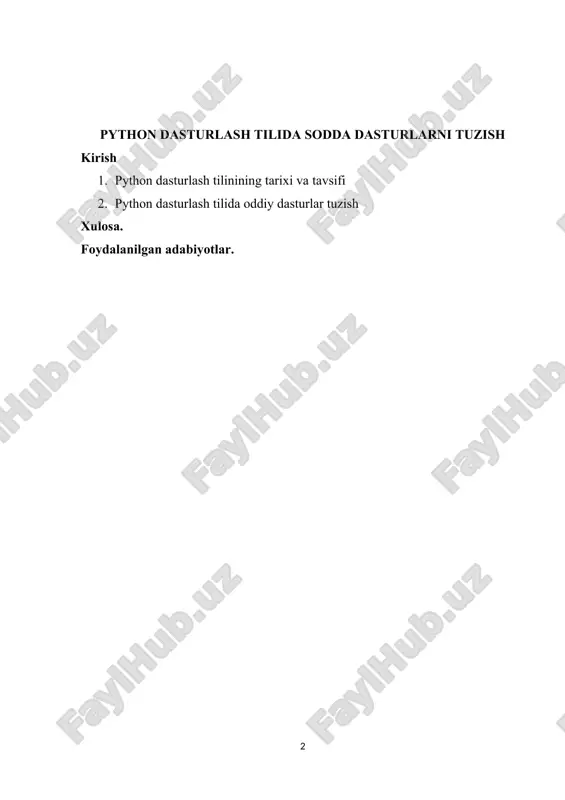 g tarixi va tavsifi python dasturlash tilini yaratilishi 1980-yil oxiri 1990-yil boshlaridan boshlangan. o`sha paytlarda uncha taniqli bo`lmagan gollandiyaning cwi instituti xodimi gvido van rossum abc tilini yaratilish proektida ishtirok etgan edi. abc tili basic tili o`rniga talabalarga asosiy dasturlash konsepsiyalarini o`rgatish uchun mo`ljallangan til edi. bir kun gvido bu ishlardan charchadi va 2 hafta davomida o`zining macintoshida boshqa oddiy tilning interpretatorini yozdi, bunda u albatta abc tilining baвђ™zi bir g`oyalarini o`zlashtirdi. shuningdek, python 1980-1990-yillarda keng foydalanilgan algol-68, c, c++, modul3 abc, smalltalk tillarining ko`plab xususiyatlarini o`ziga olgandi. gvido van rossum bu tilni internet orqali tarqata boshladi. bu paytda o`zining вђњdasturlash tillarining qiyosiy taqriziвђќ veb sahifasi bilan internetda to 1996-yilgacha stiv mayevskiy ismli kishi taniqli edi. u ham macintoshni yoqtirardi va bu narsa uni gvido bilan yaqinlashtirdi. o`sha paytlarda gvido bbc ning вђњmonti paytonning havo sirkiвђќ komediyasining muxlisi edi va o`zi yaratgan tilni monti payton nomiga python deb atadi (ilon …