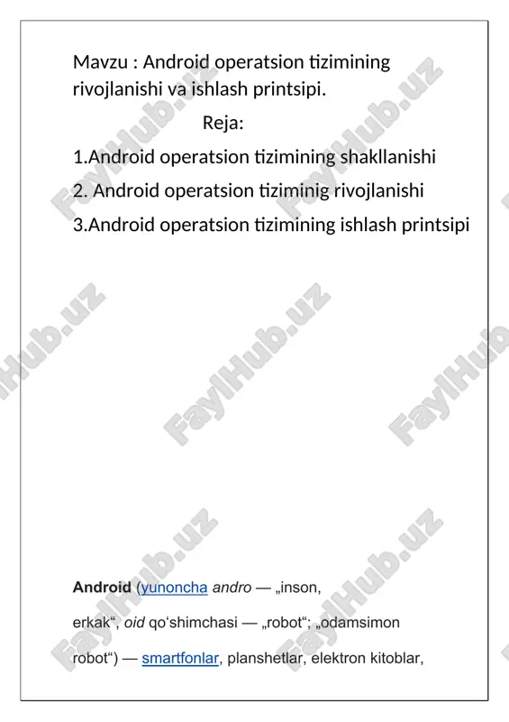 tsiyasida google butun android tarixida 2 milliarddan ortiq android qurilmalari faollashtirilganligini eʼlon qildi. android operatsion tizimi qurilmani google tomonidan ishlab chiqilgan kutubxonalari orqali boshqariladigan java ilovalarini ishga tushirish imkonini beradi. android native development kit sizga c va boshqa dasturlash tillarida yozilgan kutubxonalar va dastur komponentlari bilan ishlash imkonini beradi. google android incʼni sotib olishidan oldin raqamli kameralarni kompyuterlarga bogʻlashni taʼminlovchi oʻz operatsion tizimini ishlab chiqmoqchi boʻlgan[17] 2005-yil 11-iyulda google android incʼni 130 million dollarga sotib oldi[14]. 2007-yilning 5-noyabrida google open handset alliance (oha) tuzilganligini eʼlon qilib, birinchi ochiq mobil android tizimini namoyish etdi. android operatsion tizimining har bir versiyasining kod nomi avval boshida shirinliklar nomi bilan atalardi (bu anʼana 1.5[18][19] dan 9[20] gacha boʻlgan versiyalarda amal qilib keldi). ismlarning birinchi harflari versiya tartibida lotin alifbosidagi harflarga mos keladi: 1.5 cupcake („keks“), 1.6 donut („boʻgʻirsoq“), 2.0/2.1 eclair („ekler“ shirinligi), 2.2 froyo (muzlatilgan yogurt — inglizcha frozen yogurt soʻzining qisqartmasi), 2.3 gingerbread …