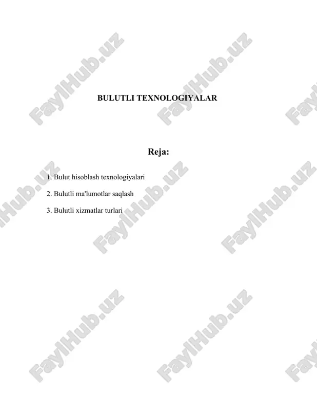 oqda. bulut hisoblash bir necha turlarga bo'linadi: jamoat buluti, xususiy bulut, gibrid bulut va jamiyat buluti. - **jamoat buluti**: bu turdagi bulut xizmatlari bir nechta tashkilotlar tomonidan umumiy foydalanishga mo'ljallangan bo'ladi. ushbu xizmatlar yordamida olib borilayotgan bozor 2022-yilga kelib 397,4 milliard aqsh dollariga yetishi kutilmoqda. - **xususiy bulut**: bu tur yirik korporatsiyalar va tashkilotlar tomonidan foydalaniladi. xususiy bulut jamoat bulutiga nisbatan xavfsizlik va maxfiylik darajasidan yanada yuqori bo'lishi bilan ajralib turadi. - **gibrid bulut**: bu model, asosan, jamoat va xususiy bulutlarning kombinatsiyasiga asoslangan. ushbu modelda har ikkala turdagi bulutning afzalliklaridan foydalanish imkoniyati mavjud. - **jamiyat buluti**: u bir xil biznes yoki faoliyat yo‘nalishida faoliyat yurituvchi tashkilotlar tomonidan foydalaniladi. bulut hisoblash texnologiyalari sanoatning ko'plab sohalariga katta ta'sir ko'rsatmoqda. misol uchun, sog'liqni saqlash sektori bulut hisoblashdan foydalanib, bemorlar ma'lumotlarini masofadan boshqarishga o'tmoqda. global e-sog'liqni saqlash xizmatlari hajmi 2020-yilda 45 milliard aqsh dollari bo'lsa, bu ko'rsatkich 2027-yilga kelib 150 milliard dollarga yetishi kutilmoqda. …