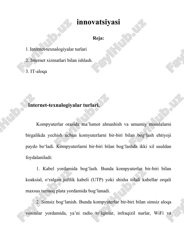 irasi) birgalikda foydalanish, hamda butun dunyo kompyuterlarini o‘zida birlashtirgan internet tarmog‘iga bog‘lanish mumkin. tarmoq taqdim etadigan xizmatlar. kompyuter tarmoqlari axborotlarni elektr signallari ko‘rinishida uzatish va qabul qilishga ixtisoslashgan muhit. tarmoqlar biror maqsadga erishish uchun quriladi, ya’ni bog‘langan kompyuterlar orqali biror masalalarni yechish uchun ixtisoslashtiriladi. tarmoq xizmatlariga quyidagilarni misol tariqasida keltirish mumkin: · fayl server xizmati. bunda tarmoqdagi barcha kompyuterlar asosiy kompyuterning (server) ma’lumotlaridan foydalanish yoki o‘z ma’lumotlarini asosiy kompyuter xotirasiga joylashtirish mumkin; · print server xizmati. bunda tarmoqdagi barcha kompyuterlar o‘z ma’lumotlarini xizmat joriy qilingan kompyuter boshqaruvi orqali qog‘ozga chop qilishi mumkin; · proksi server xizmati. bunda tarmoqqa ulangan barcha kompyuterlar xizmat joriy qilingan kompyuter boshqaruvi orqali bir vaqtda internet yoki boshqa xizmatlardan foydalanishi mumkin; · kompyuter va foydalanuvchi boshqaruvi xizmati. bunda tarmoqqa ulangan barcha kompyuterlarning va ularda qayd qilingan foydalanuvchilarning tarmoqda o‘zini tutishi hamda faoliyat yuritishi belgilanadi va nazorat qilinadi. axborotni uzatish va qabul qilish. tarmoq har doim bir …