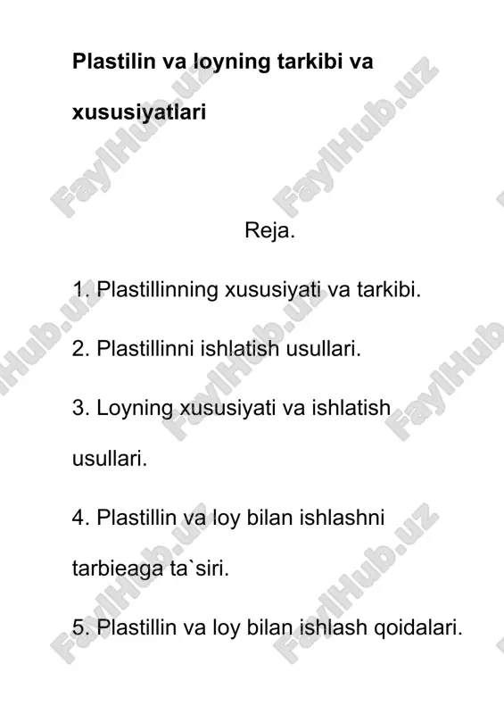 g uchun ish boshlashdan oldin loyni tayyorlash kerak, topilgan matni narsalar yasashga yaroqli yoki yo’qligini oldindan tekshirish kerak. loy shirali va shirasiz bo’ladi. shirasiz loy tarkibida qum ko’p bo’lib, unda yopishqoqlik xususiyati yomon bo’ladi. loy va plastilin ham turli narsalar yasash uchun juda qulay bo’lib, ayrim xususiyatlariga ko’ra, bir-biridan ajralib turadi. masalan plastilin rang-barangligi va doimo ishga tayyor holda ekanligi bilan ajralib turadi. lekin asosiy kamchilik shundaki, plastilin issiqda tez erib ketadi va o’zining qayishqoqlik xususiyatini yo’qotadi. bundan tashqari plastilindan ishlangan haykalchalarni ochiq joyda saqlash juda qiyin. undan asosan kichik modellarni yasashda foydalaniladi. u sunhiy plastik massa bo’lib, loydan hech qachon qurimasligi bilan farqlanadi. plastilin har-xil oddiy va murakkab turlari bo’lib, retseptlari bor. birinchi variant – toza quyuq loyga glitserin qo’shib bir turli massa hosil qilguncha aralashtiriladi. glitserin tayyorlanayotgan massa qo’lga yopishmaydigan holatga kelguncha qo’shiladi. ikkinchi variant - quritilgan toza loy mayda qilib tuyuladi va unga vazelin qushib, qulga yopishmaydigan …