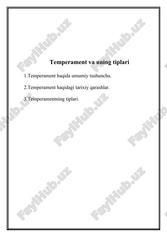 uning turli faoliyatlarida, muomalasida ifodalanadi. 2. temperament xususiyatlari tabiiy shartlanganlik omiliga taalluqli bo‘lganligi tufayli inson haѐti va faoliyatining (umrining) davomida ѐki uning muayyan bir bo‘lagida (ta’sirga beriluvchanligi sababligidan qat’iy nazar) barqaror, o‘zgarmas va mustahkamdir. 3. yakkahol shaxsga dahldor temperamentning turli xususiyatlari o‘zaro bir-biri bilan g‘ayriqonuniy ravishda birlashgan bo‘lmasdan, balki ular o‘zaro bir-biri muayyan qonuniyat asosida mujassamlashib, xuddi shu xususiyatlar uning tiplarini tavsiflovchi o‘ziga xos to‘zilmani vujudga keltiradi. psixologiya fanida temperament xususiyatlari deganda, alohida bir shaxsning psixik faoliyati dinamikasini belgilovchi psixikaning barqaror, o‘zgarmas individual-tipologik xususiyatlari majmuasi tushuniladi. mazkur xususiyatlar turli shakl va mazmunga ega bo‘lgan motivlarda, psixik holatlarda, maqsadlarda, faoliyatlarda nisbatan o‘zgarmas temperament tipini tavsiflovchi to‘zilmani tashkil qiladi. psixologiya fanining ijtimoiy tarixiy-taraqqiѐti davrida temperamentga nisbatan bildirilgan mulohazalar, uning moddiy asosi to‘g‘risidagi talqinlar xilma-xil bo‘lib, shaxsning psixologik xususiyatlarini o‘ziga xos tarzda tushuntirish uchun xizmat qilib kelgan. temperament lotincha «temperamentum» degan so‘zdan olingan bo‘lib, buning ma’nosi «aralashma» degan tushunchani anglatadi. temperament to‘g‘risidagi dastlabki …