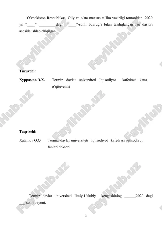 uri 223 5.2.ishchi o`quv dasturi 236 5.3.tarqatma matriallar 261 5.4.testlar 275 i.ma`ruza matnlari o’zbekiston respublikasi oliy va o’rta maxsus ta’lim vazirligi termiz davlat universiteti iqtisodiyot va turizm fakul`teti iqtisodiyot va menejment kafedrasi “statistika” (iqtisodiy statistika) fanidan 5230100-iqtisodiyot (tarmoqlar va sohalar bo`yicha) 5231700-kadrlar menejmenti 5230600- moliya ta`lim yo`nalishlari 2 kurs talabalari uchun ma`ruza matnlari tuzuvchi : э.х.хуррамов termiz-2020 y ma`ruza matni ishchi o’quv dasturi va namunaviy o’quv dasturiga muvofiq ishlab chiqildi. tuzuvchilar: хуррамов э.х. “iqtisodiyot va menejment” kafedrasi katta o’qituvchisi taqrizchilar: o.q.xatamov termdu “iqtisodiyot va menejment” kafedrasi mudiri, i.f.d. a.q.mirzaev termdu “iqtisodiyot va menejment” kafedrasi dotsenti, i.f.n. ma`ruza matni “iqtisodyot va menejment” kafedrasining 2019 yil “__” avgust dagi “1” – sonli yig’ilishida muhokamadan o’tgan va fakultet kengashida muhokama qilish uchun tavsiya etilgan. kafedra mudiri: _______________ i.f.d.xatamov o.q. ma`ruza matni “iqtisodiyot va turizm” fakulteti kengashining 2019 yil “__” avgustdagi “1” – sonli yig`ilishida muhokamadan o`tgan va universitet o`quv uslubiy kengashida muhokama qilish …