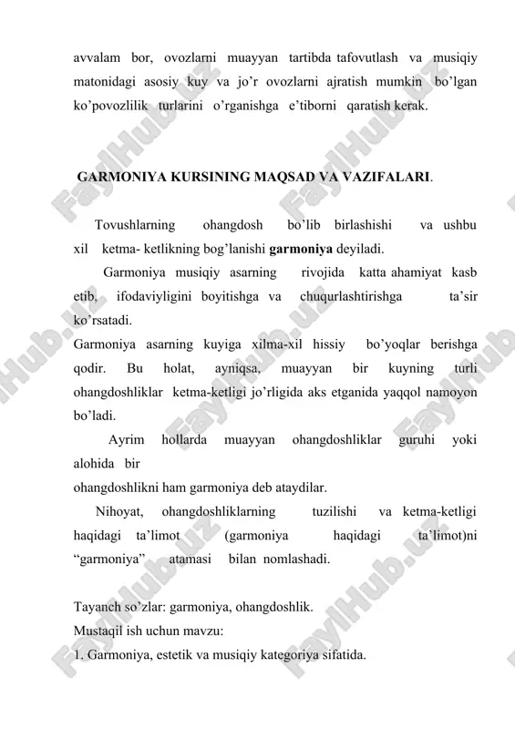 oshlikni ham garmoniya deb ataydilar. nihoyat, ohangdoshliklarning tuzilishi va ketma-ketligi haqidagi ta’limot (garmoniya haqidagi ta’limot)ni “garmoniya” atamasi bilan nomlashadi. tayanch so’zlar: garmoniya, ohangdoshlik. mustaqil ish uchun mavzu: 1. garmoniya, estetik va musiqiy kategoriya sifatida. ovoz harakati. akkordlar joylashuvi va qo’shilishi. akkordlar uch xil bo’ladi: uchtovushlik, septakkordlar va nonakkordlar. uchtovushlik – uchta tovushdan iborat akkord; aksariyat davr va uslublarning musiqasida asosiy o’rin tutadi. uning tovushlari o’z joylashuviga ko’ra, prima, tertsiya, kvinta deb ataladi. musiqiy asarlarda uchtovushliklar kamdan-kam hollarda uch ovozlik ko’rinishda beriladi. odatda, to’rt ovozlik ko’rinishda bayon etiladiki, bu hol amaliyotda keng qo’llaniladi. to’rtovozlik, tabiiyki, inson ovozining to’rt xilga bo’linishi bilan bog’liq: soprano, alьt, tenor, bas. xor jamoasiga xos bo’lgan ushbu ovoz nomlari cholg’u musiqada ham saqlangan bo’lib, yuqori ovozni kuy deb ham ataydilar. to’rtovozlik tuzilish asosiy, ya’ni prima ovozini juftlantirish (ikki marta ishlatish) yo’li bilan hosil qilinadi. bunda juftlanuvchi ovoz yuqorida istalgan ovozda joylashishi mumkin. akkordning yuqori ovozida biron bir …
