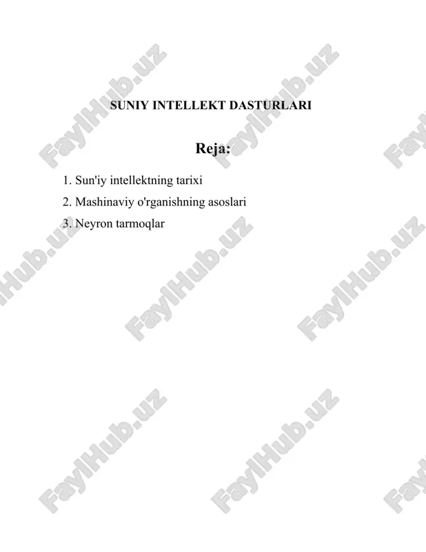 dan ishlab chiqildi, bu tilning sun'iy intellektni har xil shakllarda rivojlantirishda muhim oʻrni bo‘lgan. 5. **musiqiy yutuqlar**: 1965 yilda ibm tomonidan ishlab chiqilgan kompyuter klassik kompozitsiyani amalga oshirdi va bu musiqa sohasida sun'iy intellektning qobiliyatlarini ko'rsatdi. 6. **1980-yillar**: 1980-yillarda sun'iy intellekt sohasida katta muvaffaqiyatlar kuzatildi. "ekspert tizimlar" sining tijoratlashuvi va sanoat qoʻllanilishi uchun ishlab chiqildi. dendral va mycin kabi dasturlar diagnostika va kimyo sohasida muvaffaqiyat qozonishdi. bu tizimlar tibbiyot va ilmiy sohalarda inqilobiy yutuqlarni taqdim etdi. 7. **1990-yillar**: 1997-yilda ibm tomonidan ishlab chiqilgan "deep blue" kompyuteri garrik kasparovni, jahon shaxmat chempionini mag'lub etdi. bu sun'iy intellektning murakkab vazifalarni hal qilish qobiliyatidan dalolat beruvchi muhim voqea edi. 8. **2000-yillar**: 2000-yillarning boshlarida internetning keng tarqalishi tufayli sun'iy intellektning rivojlanishi tezlashdi. chatbotlar va avtonom agentlar ijtimoiy tarmoqlar va foydalanuvchilarni qo'llab-quvvatlashda keng qo'llanildi. 9. **2010-yillar**: 2012-yilda "deep learning" yutuqlari tufayli ikkita muhim yutuq sodir bo'ldi – imagenet raqobatida katta muvaffaqiyatga erishildi. bu vaqtda tensorflow …