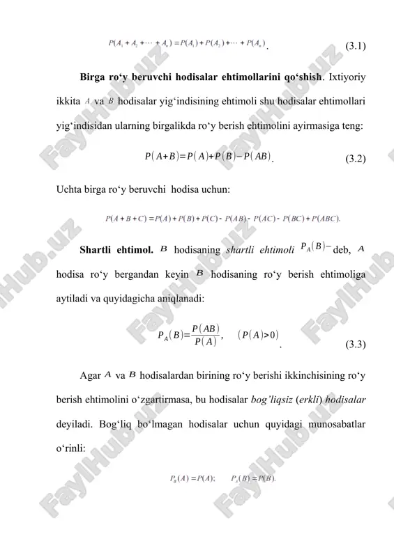 elementlardan kamida bittasi ishlayapti) ya’ni . , va hodisalari erkli bo‘lganligi uchun ni topish uchun va elementlarning ishdan chiqishidan iborat hodisaning ehtimolini hisoblaymiz, va hodisalar erkli bo‘lgani uchun . bu yerdan . shunday qilib, erksiz hodisalar ehtimollarini ko‘paytirish. ikkita bir-biriga bog‘liq hodisalarning birgalikda ro‘y berish ehtimoli ulardan birining ehtimolini ikkinchisining shartli ehtimoliga ko‘paytirilganiga teng: (3.6) natija. bir nechta bir-biriga bog‘liq hodisalarning birgalikda ro‘y berish ehtimoli ulardan birining ehtimoli bilan qolganlarining o‘zidan oldingilari ro‘y bergandan keyingi shartli ehtimollari ko‘paytmasiga teng: (3.7) bu yerda , hodisaning hodisalar ro‘y berdi degan farazda hisoblangan ehtimoli. 3.2-misol. yashikda 8 tasi standart bo‘lgan 12 ta detal bor. ishchi tavakkaliga ikkita detalni oladi. olingan ikkala detal standart bo‘lish ehtimolini toping. yechilishi. quyidagi belgilarni kiritamiz: - olingan birinchi detal standart; olingan ikkinchi detal standart. birinchi detalning standart bo‘lish ehtimoli ga teng. ikkinchi detalning birinchi detal standart degan shart ostidagi standart bo‘lish ehtimoli, ya’ni hodisaning shartli ehtimoli ga teng. …