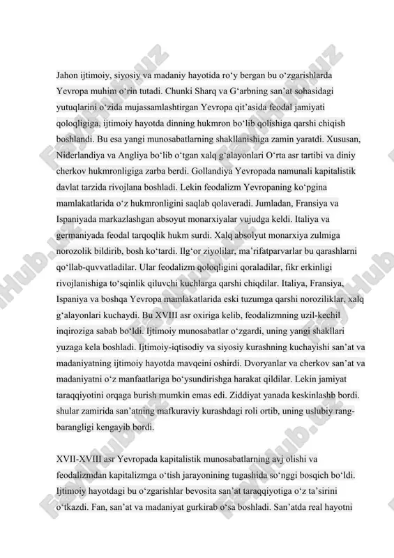 markazlashgan absoyut monarxiyalar vujudga keldi. italiya va germaniyada feodal tarqoqlik hukm surdi. xalq absolyut monarxiya zulmiga norozolik bildirib, bosh ko‘tardi. ilg‘or ziyolilar, ma’rifatparvarlar bu qarashlarni qo‘llab-quvvatladilar. ular feodalizm qoloqligini qoraladilar, fikr erkinligi rivojlanishiga to‘sqinlik qiluvchi kuchlarga qarshi chiqdilar. italiya, fransiya, ispaniya va boshqa yevropa mamlakatlarida eski tuzumga qarshi noroziliklar, xalq g‘alayonlari kuchaydi. bu xviii asr oxiriga kelib, feodalizmning uzil-kechil inqiroziga sabab bo‘ldi. ijtimoiy munosabatlar o‘zgardi, uning yangi shakllari yuzaga kela boshladi. ijtimoiy-iqtisodiy va siyosiy kurashning kuchayishi san’at va madaniyatning ijtimoiy hayotda mavqeini oshirdi. dvoryanlar va cherkov san’at va madaniyatni o‘z manfaatlariga bo‘ysundirishga harakat qildilar. lekin jamiyat taraqqiyotini orqaga burish mumkin emas edi. ziddiyat yanada keskinlashb bordi. shular zamirida san’atning mafkuraviy kurashdagi roli ortib, uning uslubiy rang-barangligi kengayib bordi. xvii-xviii asr yevropada kapitalistik munosabatlarning avj olishi va feodalizmdan kapitalizmga o‘tish jarayonining tugashida so‘nggi bosqich bo‘ldi. ijtimoiy hayotdagi bu o‘zgarishlar bevosita san’at taraqqiyotiga o‘z ta’sirini o‘tkazdi. fan, san’at va madaniyat gurkirab o‘sa …