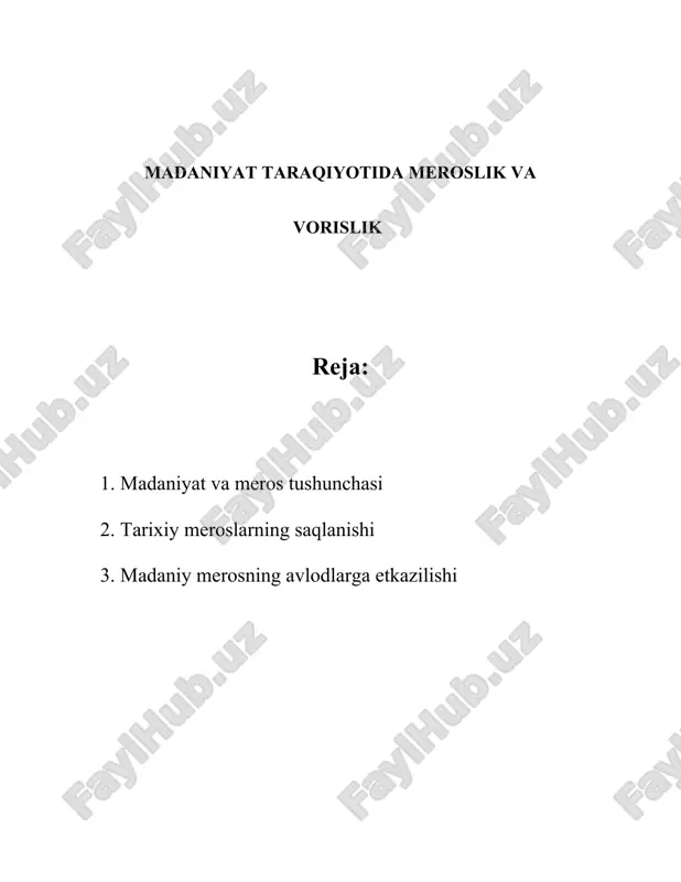 har bir til o'zicha betakror madaniy merosning bir qismi hisoblanadi. madaniyat va merosni saqlashda ta'lim muhim rol o'ynaydi. dunyo bo'ylab 687 million odam savodsizlikdan aziyat chekadi va aholining 59% tinglovchi, tomoshabin yoki o'quvchi sifatida faol madaniy hayotdan bahramand bo'lish imkoniga ega emas. o'zbekiston maktablarida madaniyat va san'at ta'limi keng yo'lga qo'yilgan bo'lib, 10 mingdan ortiq o'quvchi 95 ta musiqiy va san'at maktablarida ta'lim olmoqda. madaniy merosni asrab avaylash maqsadida xalqaro va mahalliy miqyosda ko'plab qonunlar va dasturlar amal qilmoqda. butunjahon madaniy merosni saqlash tashkiloti (icomos) va boshqa ko'plab tashkilotlar ushbu jarayonlarda yaqindan yordam ko'rsatmoqda. 1972 yili tashkil etilgan butunjahon madaniy va tabiiy merosni himoya qilish konventsiya bugungi kungacha 194 mamlakat tomonidan imzolangan. xulosa qilib aytganda, madaniyat va meros - bu insoniyatning boy va rang-barang tajribasini aks ettiruvchi, jamiyat rivojlanishiga hissa qo'shuvchi, va global miqyosda avlodlar orasida ko'prik vazifasini bajaruvchi qadriyatlar yig'indisidir. ularni saqlash va rivojlantirish kelajak avlodlar oldidagi eng muhim …