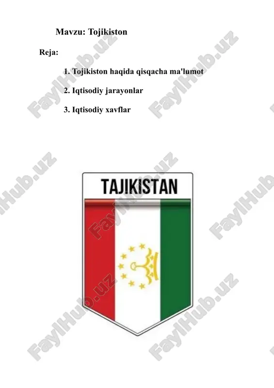 yetishtirish, asosan, mamlakatning asosiy eksport mahsulotidir va qishloq xo‘jaligi eksportining katta qismini tashkil etadi. biroq, tojikiston paxta ishlab chiqarishda qo‘shni davlatlar bilan raqobatlashmoqda. shuningdek, bug‘doy, guruch, mevalar, sabzavotlar va poliz ekinlari ham keng tarqalgan. paxta yetishtirish va uni qayta ishlash tojikistonning asosiy eksport manbaidir. biroq, so‘nggi yillarda paxta ekinlarini diversifikatsiya qilish va ekologik qishloq xo‘jaligini rivojlantirishga qaratilgan harakatlar kuchaymoqda. · sanoat sektori: tojikistonning sanoat sektori hali ham nisbatan kichik, ammo mamlakatda sanoatni rivojlantirish uchun katta imkoniyatlar mavjud. tojikiston foydali qazilmalar, jumladan, oltin, ko‘mir, olmos va boshqa minerallar bilan boy. mamlakatda metallurgiya, to‘qimachilik, qurilish materiallari va oziq-ovqat sanoati kabi sohalarda kichik sanoat tarmoqlari mavjud. ayniqsa, gidroenergetika sektori uchun katta salohiyat mavjud, chunki tojikiston dunyoning eng yirik gidroelektr stansiyalaridan ba'zilariga ega. tojikiston ko‘plab daryolariga ega, bu esa uni qayta tiklanuvchi energiya manbalari sohasida muhim o‘ringa qo‘yadi. · xizmatlar sektori: xizmatlar sektori tojikiston iqtisodiyotida nisbatan kichik, lekin o‘sayotgan sohalardan biridir. bu sektorda savdo, …