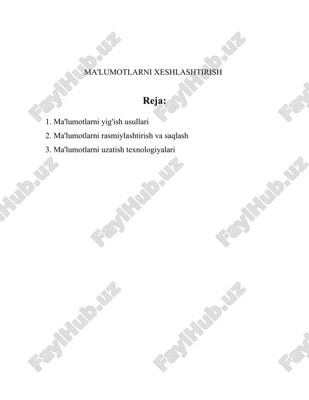 qiy vaziyat va hodisalarni aniqlash imkonini beradi; respondentlarning tabiiy muomalalari olinadi. - **kamchiliklari:** sub'ektiv tushunchalarga yoki interpretsiyalarga qaramlik; ba'zi holatlarda noaniq natijalar berishi mumkin. 4. **eksperimentlar:** eksperimental usulda, turli nazorat ostidagi sharoitlarda hodisalarni o'rganish orqali ma'lumot yig'iladi. - **afzalliklari:** sababiy bog'liqliklarni aniqlash va nazorat qilish imkonini beradi; aniq natijalar olinadi. - **kamchiliklari:** ko'p hollarda har doim ham haqiqatda bo'rttirilmagan sharoitlar ta'minlanmasligi mumkin. 5. **anketalar:** anketalar ko'p hollarda qog'oz yoki onlayn formatda bo'ladi va ular orqali respondentlar ma'lumotlarni to'ldiradilar. - **afzalliklari:** anonimlik maksazini saqlab, keng miqyosda ma'lumot olish imkoniyatini beradi; arzon va tezkor usul. - **kamchiliklari:** noto'g'ri yoki noto'liq javoblar xavfi mavjud. 6. **ikkinchi bois ma'lumotlar:** ushbu usulda oldindan mavjud bo'lgan ma'lumotlar qayta tahlil va ishlatiladi, masalan, hukumat va jamoat statistikalari. - **afzalliklari:** tayinlangan vaqt va xarajat resurslarini tejaydi; keng ma'lumotlarga ega bo'lish imkonini beradi. - **kamchiliklari:** ma'lumotlarning eskirganligi yoki maqsadga muvofiq emasligi xavfi mavjud. 7. **raqamli texnologiyalar va internet:** onlayn …