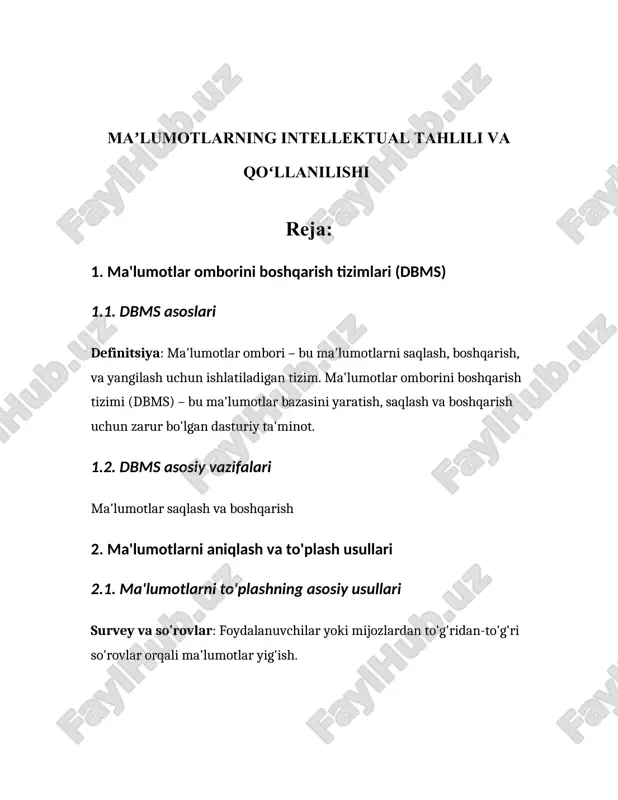 nidan ishlab chiqilgan ims (information management system) hisoblanadi. ims dan so'ng, 1970-yillarda e.f. codd tomonidan ishlab chiqilgan relyatsion ma'lumotlar bazalari konsepsiyasi ko'pchilikka ma'lum bo'ldi. bugungi kunda relyatsion ma'lumotlar ombori konsepsiyasi ko'plab dbmslarning asosini tashkil qiladi. ma'lumotlar omborlarini boshqarish tizimlarining asosiy vazifalari quyidagilardan iborat: 1. **ma'lumotlarni saqlash**: ma'lumotlar omborlari turli formatdagi katta hajmdagi ma'lumotlarni saqlash imkonini beradi. masalan, sql (structured query language) relyatsion ma'lumotlar omborida ma'lumotlar jadvallar shaklida saqlanadi. 2. **ma'lumotlarni qidirish va tanlash**: dbms foydalanuvchilarga ma'lumotlar omborida saqlangan ma'lumotlarga kirish va ularni tezkor qidirish imkoniyatini taqdim etadi. masalan, katta hajmdagi ma'lumotlar ichidan kerakli ma'lumotlarni qidirish buyruqlari bilan amalga oshiriladi. 3. **shaxsiylashtirilgan huquqlar boshqaruvi**: dbms foydalanuvchilar uchun turli darajali kirish huquqlarini belgilash imkoniyatini beradi. ma'lumotlar xavfsizligini ta'minlash uchun har bir foydalanuvchi o'zining roliga mos ravishda kirish huquqlariga ega bo'ladi. 4. **ma'lumotlarning yaxlitligini ta'minlash**: dbms ma'lumotlarning yaxlitligi va izchilligini saqlash uchun turli mexanizmlar orqali nazorat qiladi. bu ma'lumotlar o'zgartirilganda yoki yangilanganida, noto'g'ri …