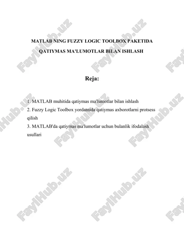 foydalanish va ularga qator elementlari sifatida ishlov berish imkonini beradi. - ko'p o'lchamli qatorlar: `b = rand(4,3,2);` bu 4x3x2 o'lchamli qator hosil qiladi. 4. **xususiy matritsalar**: - matlabda maxsus xususiyatga ega matritsalar yaratish uchun turli tayyor funksiyalar mavjud. - nol matritsa: `z = zeros(3,4);` - birlik matritsa: `e = eye(5);` ### matlabda qatiymas ma'lumotlar bilan amal bajarishtirish 1. **matritsa qo'shish va ayirish**: - matritsalarni qo'shish va ayirish uchun: `c = a + b;` yoki `d = a - b;` 2. **matritsa ko'paytirish**: - `e = a * b;` – bu matritsalarni ko'paytirish (matematik). - har bir elementni ko'paytirish: `f = a .* b;` 3. **matritsaning transpozitsiyasi**: - `a'` – bu a matritsani transpozitsiyasi. 4. **determinant va inversni hisoblash**: - determinant: `deta = det(a);` - invers: `inva = inv(a);` 5. **matritsalar orasida linalg algoritimlarni bajarish**: - matlabda turli xil algebraik funksiyalar mavjud, masalan, o'z qiymatlarni hisoblash: `[v, d] = eig(a);` ### …