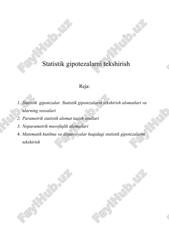 g uchun har qanday yechimda ma’lum xatolikka yo‘l qo‘yish mumkin. matematik statistikada statistik gipotezalarni tekshirishda ikki xil xatolikka yo‘l qo‘yishi mumkin. statistik yechim asosida asosiy faraz u to‘g‘ri bo‘lgan holda ham rad etilishi mumkin. bunday xatolik birinchi tur xatolik deyiladi. statistik yechim asosida alternativ gipoteza to‘g‘ri bo‘lsa ham rad etilishi mumkin. bunday xatolik ikkinchi tur xatolik deyiladi. tabiiyki, xatoliklarni imkon qadar kamaytirish lozim. statistik gipotezalarni tekshirish iloji boricha bir emas, bir necha marotaba takrorlanishi va ular asosida xulosaga kelinishi maqsadga muvofiqdir. statistik gipotezalarni tekshirish statistik ma’lumotlarga asoslanadi. faraz qilaylik, x1, x2, …, xn lar n – ta bog‘liqsiz tajribalardagi x t.m.ning kuzatilmalari bo‘lsin. x t.m.ning biron – bir xarakteristikasi haqidagi asosiy h0 gipoteza ko’rilayotgan bo‘lsin. endi statistik ma’lumotlar asosida asosiy gipoteza h0 ni qabul qilish yoki rad etish qoidasini tuzish kerak. asosiy gipoteza h0 ni qabul qilish yoki rad etish qoidasi - h0 gipotezani tekshirishning statistik alomati deyiladi. odatda statistik …