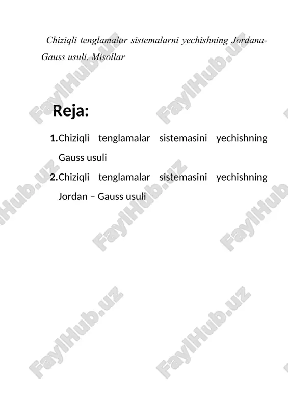 an yeching: yechish: sistemadagi birinchi tenglamani o’zgarishsiz qoldirib, qolganlaridan ketma-ket x1 va x2 noma’lumni yo’qotamiz: hosil bo’lgan sistemada x3 noma’lumni yo’qotsak, u holda uchta tenglama qoladi: shu yerda chiziqli tenglamalar sistemasini yechishning chapdan o’ngga qarab bosqichi tugadi. tenglamalar soni noma’lumlar sonidan kichik. endi sistema uchburchakli shaklga kelguncha sondagi noma’lumlarni (ularni erkin o’zgaruvchi deb ataymiz) o’ng tomonga o’tkazamiz. so’ngra o’ngdan chapga qarab harakat yordamida sistemaning barcha yechimlari topiladi. javob: tenglamalar sistemasini yechishda gauss – jordan usulinig (gauss usulining jordan modifikatsiyasi) mazmun-mohiyati quyidagidan iborat: dastlabki normal ko’rinishda berilgan sistemaning kengaytirilgan matritsasi quriladi. yuqorida keltirilgan sistemani teng kuchligini saqlovchi elementar almashtirishlar yordamida, kengaytirilgan matritsaning chap qismida birlik matritsa hosil qilinadi. bunda birlik matritsadan o’ngda yechimlar ustuni hosil bo’ladi. gauss - jordan usulini quyidagicha sxematik ifodalash mumkin: ~ (e | x*). chiziqli tenglamalar sistemasini yechish gauss-jordan usuli noma’lumlarni ketma-ket yo’qotishning gauss strategiyasi va teskari matritsa qurishning jordan taktikasiga asoslanadi. teskari matritsa oshkor shaklda qurilmaydi, …