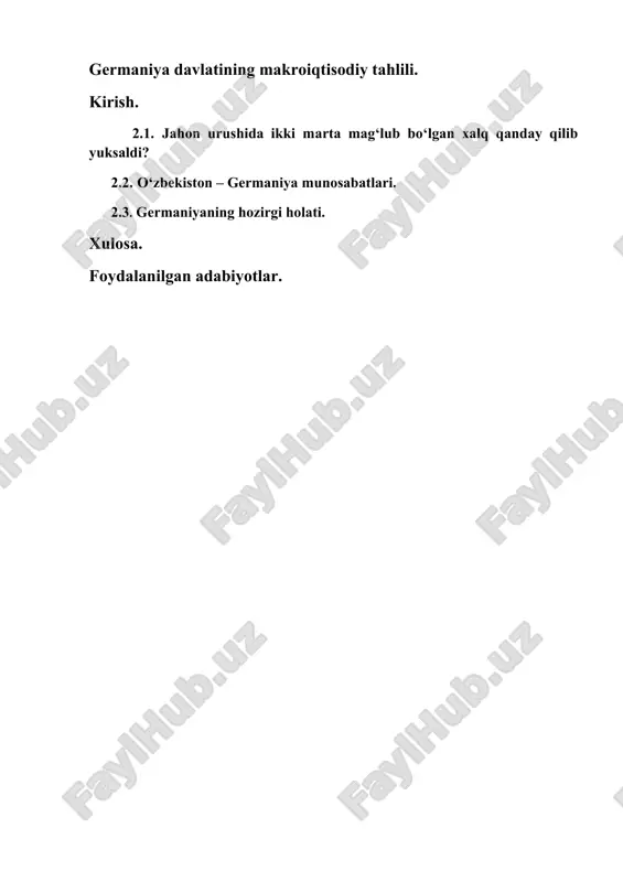 ng oʻz konstitutsiyasi, parlament va hukumati bor 2.1. jahon urushida ikki marta mag‘lub bo‘lgan xalq qanday qilib yuksaldi? germaniya ikki marta jahon urushlarida mag‘lub bo‘lgan bo‘lsa-da, 80 yil ichida jahonning eng iqtisodiyoti rivojlangan davlatlaridan biriga aylana oldi. germaniya ikki marta jahon urushlarida mag‘lub bo‘lgan bo‘lsa-da, 80 yil ichida jahonning eng iqtisodiyoti rivojlangan davlatlaridan biriga aylana oldi. davlat boshlig‘i – federal prezident germaniya federativ respublikasi poytaxti berlin shahri bo‘lib (1991-yilning iyun oyidan), mamlakat ma’muriy jihatdan 16 yer (viloyat)ga – yerlar okruglarga, okruglar tumanlarga, tumanlar jamoalarga bo‘linadi. mamlakat germaniya (deutschland), germaniya federativ respublikasi(bundesrepublic deutschland), gfr kabi nomlar bilan yuritiladi. davlat tuzumi (gfr) – federativ respublika bo‘lib, amaldagi konstitutsiyasi 1949-yil 23-mayda qabul qilingan. unga 1954, 1956, 1990, 1993 va 1994-yillarda qo‘shimchalar kiritilgan. davlat boshlig‘i – federal prezident. u maxsus chaqiriladigan federal majlis tomonidan 5 yil muddatga saylanadi va yana bir. federal majlis bundestag raisi tomonidan chaqiriladi va u bundestag deputatlari hamda landtaglar (yer …