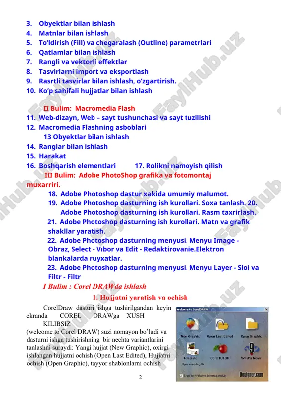 phic), oxirgi ishlangan hujjatni ochish (open last edited), hujjatni ochish (open graphic), tayyor shablonlarni ochish (template), dastur urgatuvchini ishga tushirish (corelturor), nima yangilik? (what is new?) yangi hujjatni yaratish uchun menuning fayl (file) va yangi hujjat buyrugi (new) yoki instrumentlar panelidagi maxsus tugma bosiladi. hujjatni ochish uchun, menuning fayl (file) va оchish (open) buyruglari yoki instrumentlar panelidagi maxsus tugmalar yordamida amalga oshiriladi. coreldraw dasturida bir vaqtning uzida bir nechta hujjatlar bilan ishlash imkoniyatlari bor, shu bilan birga kerak bo’lmagan hujjatlarni yopib qo’ysa ham bo’ladi. bu esa menuning fayl yopish(close) buyrugi erdamida amalga oshiriladi. dastur interfeysi dast ur ishga tushirilgandan keyin ekranda dastur oynasi nomayen bo’ladi, bu oyna foydalanuvchi interfeysi (user interface) yoki ishchi joyi (workspace) deb ataladi. interfeys foydalanuvchi va komputer orasidagi mulahotni o’rnatadi, ishlash uchun kerak bo’lgan barcha sharoyotni yaratadi. shuni nazarda tutish kerakki, interfeys foydalanuvshi tomonidan uzgartilgan bo’lib uz ko’rinishidan o’zgacha bo’lishi ham mumkin. . foydalanuvchi interfeysi quyidagilardan …