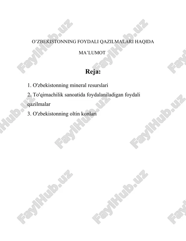 umush qazib olish ham muhim sohalardan biri. zarafshon vodiysi va boshqa konlarda kumush zaxiralari ishlab chiqariladi. 6. **neft va gaz**: o'zbekiston neft va gaz manbalari bilan ham boy. orolbo`yi neft-gaz mintaqasi va buxoro-xiva neft-gaz hududlari asosiy qazib olish mintaqalari hisoblanadi. bu resurslar mamlakat ichki energiya ehtiyojlarini qondirishda va eksport qilishda muhim rol o'ynaydi. 7. **ko'mir**: o'zbekiston ko'mir konlari ham mavjud bo'lib, angren ko'mir koni mamlakatda eng yirik hisoblanadi. ko'mir asosan energetika sohasida qo'llaniladi. 8. **fosforitlar**: fosforitlar mamlakatning surxondaryo viloyati va boshqa hududlaridayam uchraydi. fosforitlar o'g'itlar ishlab chiqarishda qo'llaniladi. 9. **volfram va molibden**: bu qimmatbaho metallarni qazib olish ekonomika uchun muhim hisoblanadi. bundan tashqari, ular yuqori texnologiyali mahsulotlar ishlab chiqarishda qo'llaniladi. 10. **litiyning zaxiralari**: o'zbekiston litiyning kashf qilinishi bilan dunyo miqyosida e'tiborga tushdi, chunki litiyning muhimligi elektr transport vositalari va energiya saqlash tizimlari sohasida oshmoqda. o'zbekistonning mineral resurslari mamlakat iqtisodiyotida katta ulushga ega bo'lib, resurslar eksporti davlat budjetining sezilarli qismini tashkil …